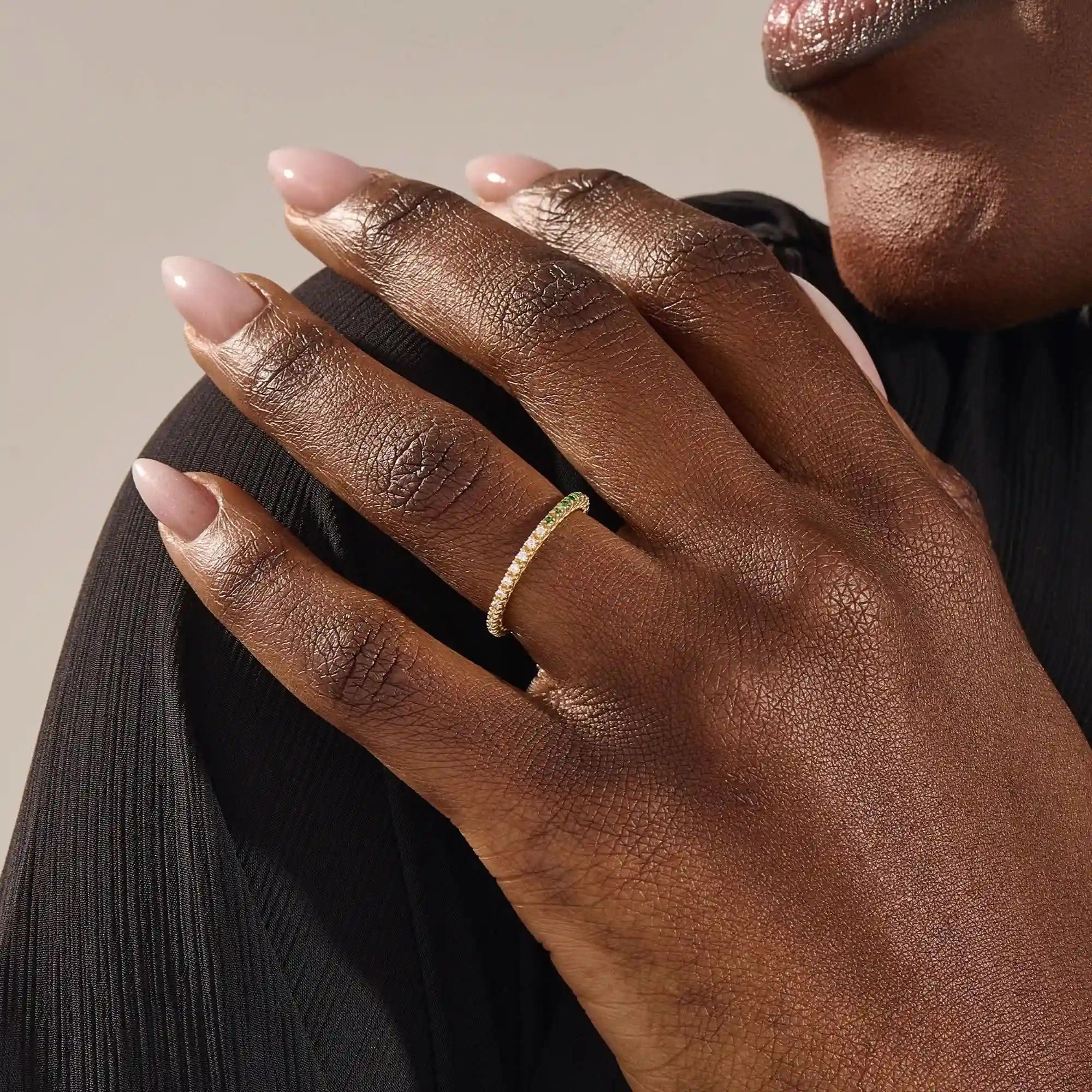half of the ring is lab grown emerald other half clear colorless moissanite eternity stacking wedding ring in gold for women