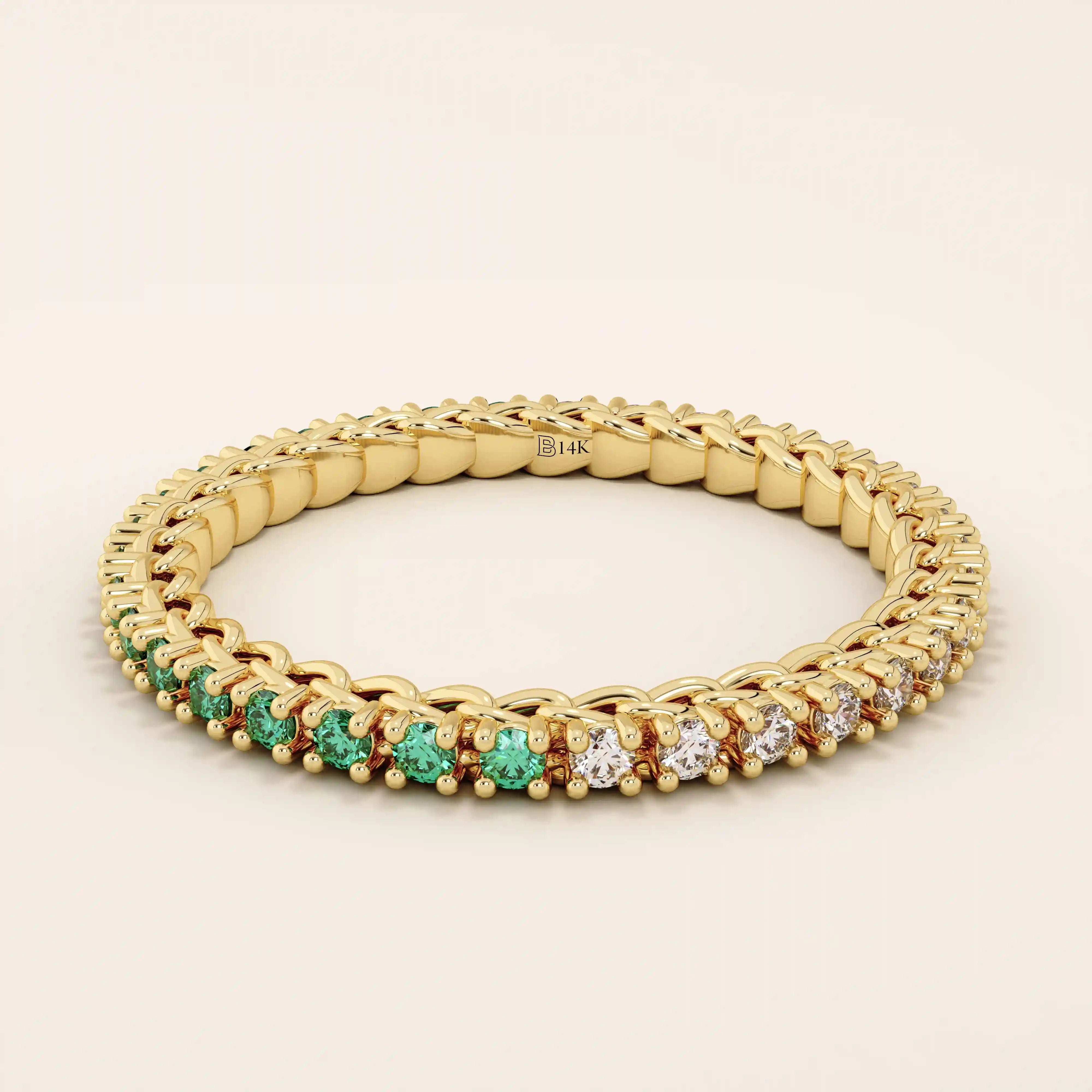 half of the ring is lab grown emerald other half clear colorless moissanite eternity stacking wedding ring in gold for women