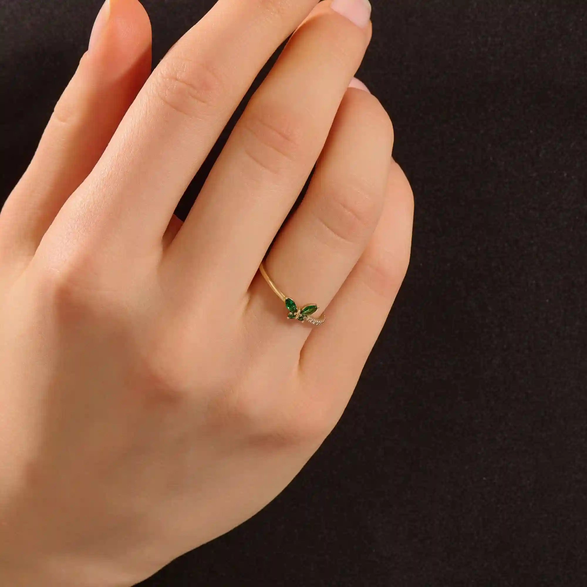 14k solid gold emerald marquise butterfly stacking ring with tiny moissanite for women