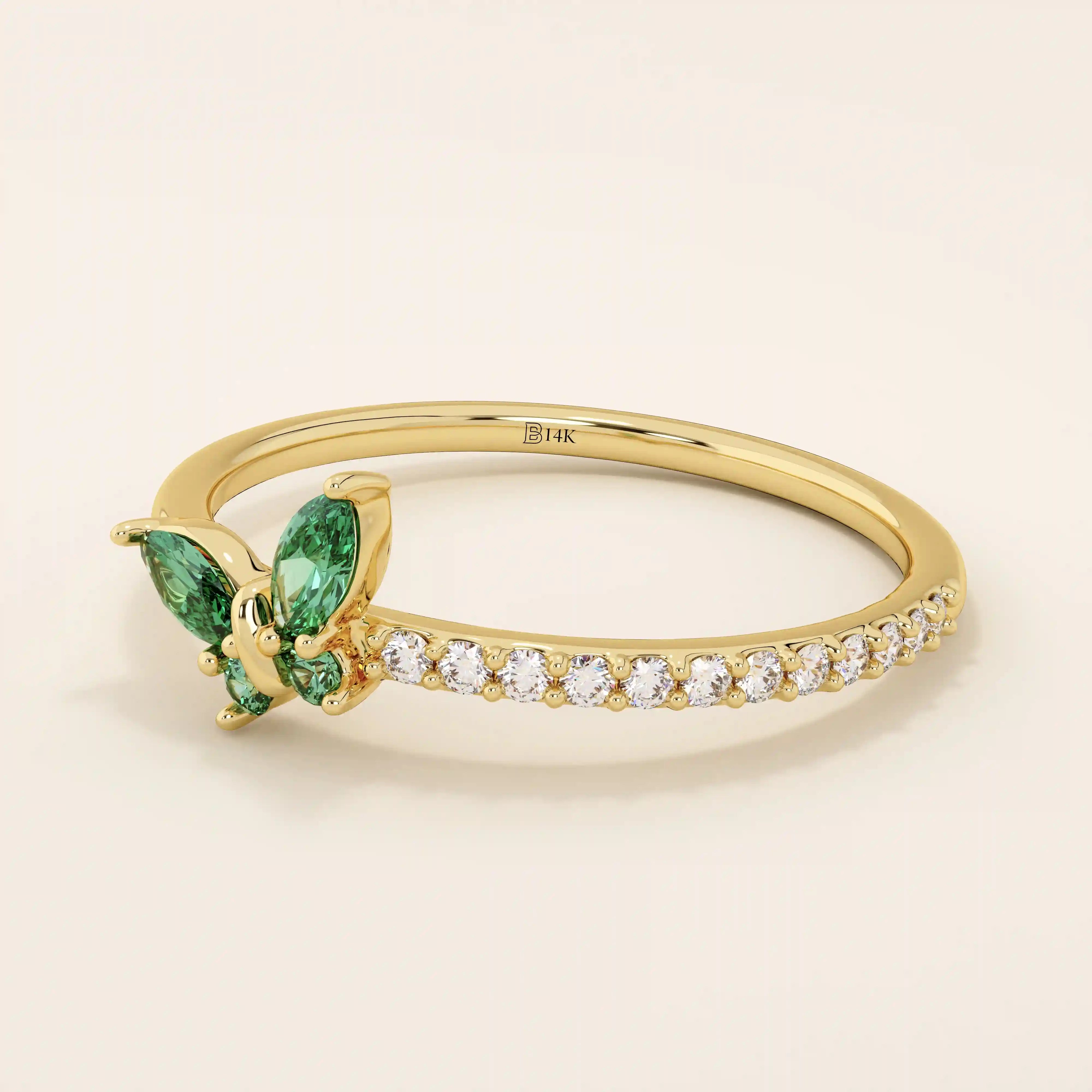 14k solid gold emerald marquise butterfly stacking ring with tiny moissanite for women