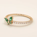 14k solid gold emerald marquise butterfly stacking ring with tiny moissanite for women