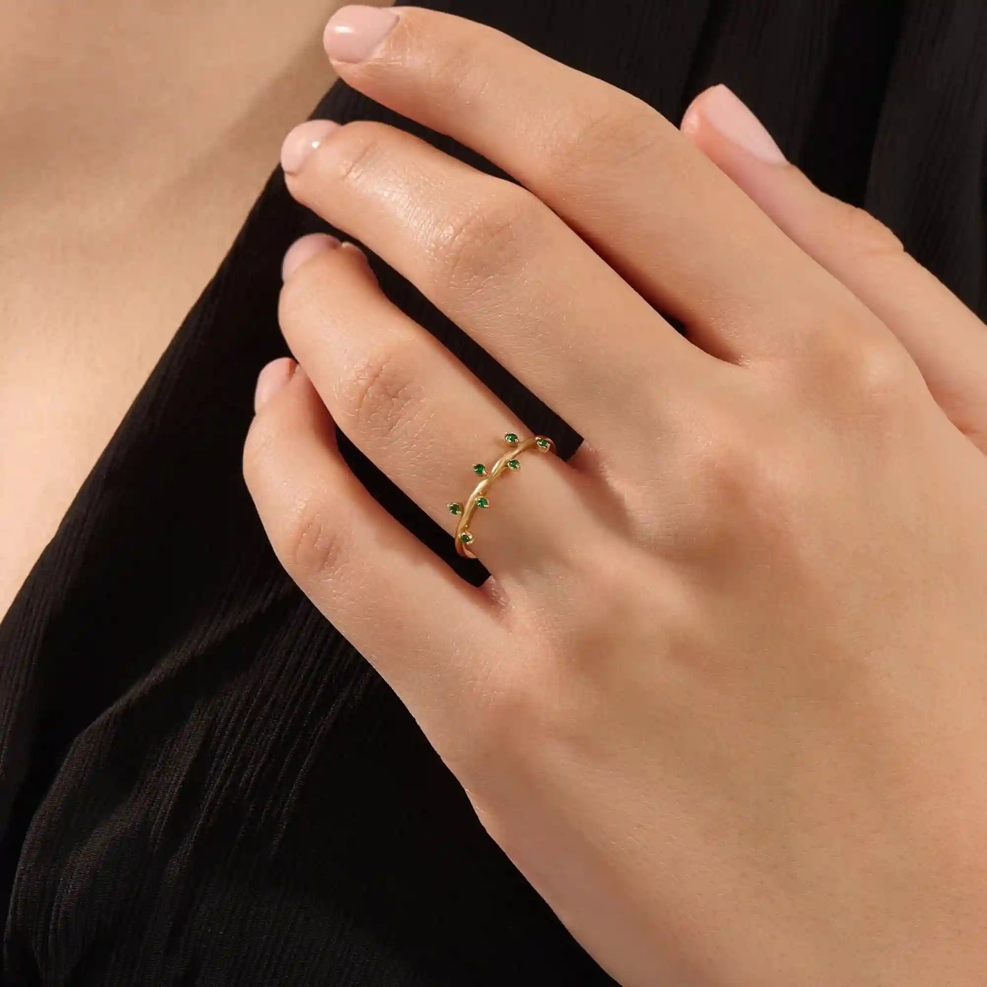 14K SOLID GOLD TINY EMERALD STACKING RING FOR WOMEN