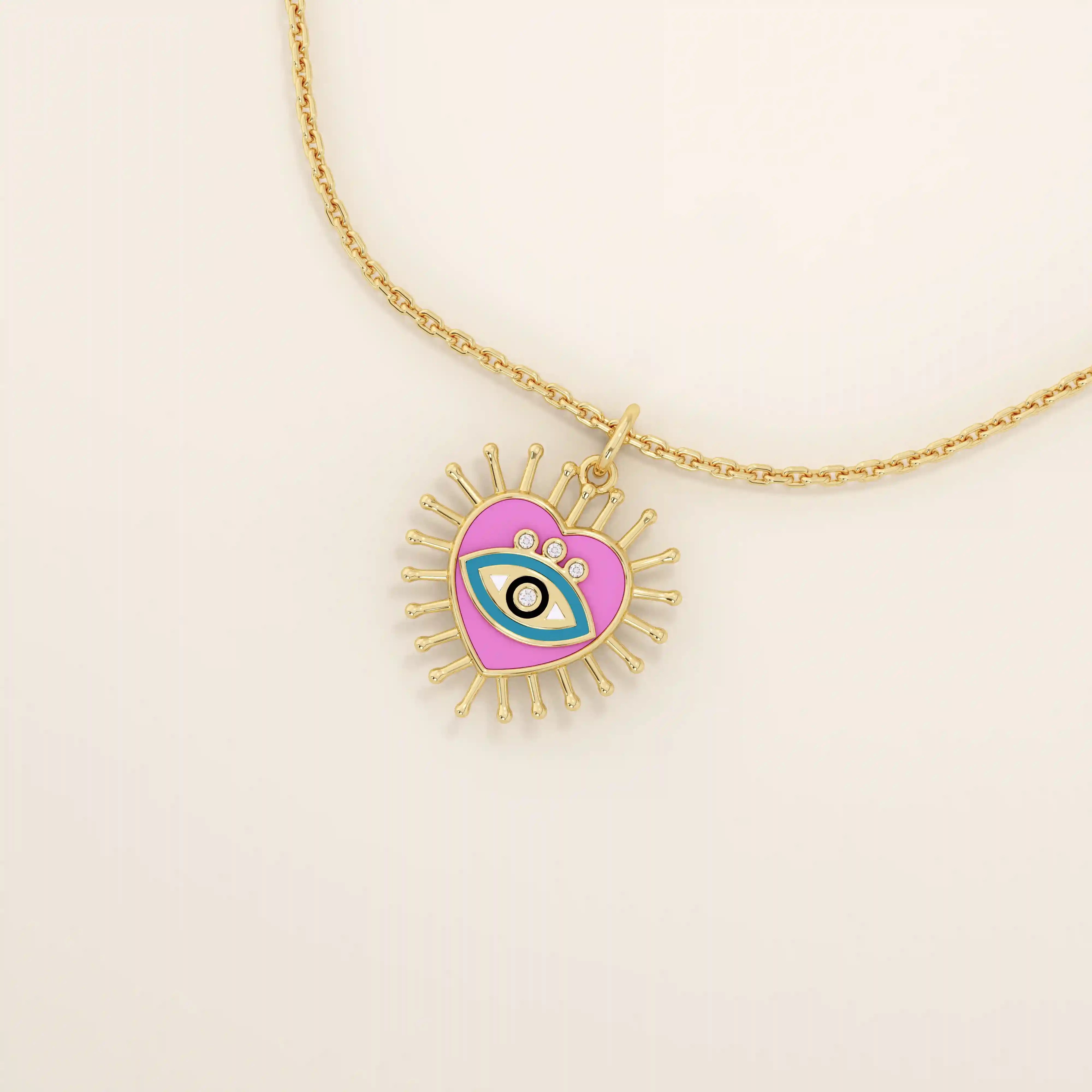 14K solid gold necklace features a beautifully detailed pink and blue enamel evil eye heart pendant