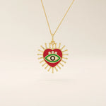14K solid gold necklace features a beautifully detailed pink and blue enamel evil eye heart pendant