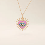 14K solid gold necklace features a beautifully detailed pink and blue enamel evil eye heart pendant