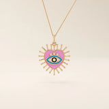 14K solid gold necklace features a beautifully detailed pink and blue enamel evil eye heart pendant