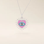 14K solid gold necklace features a beautifully detailed pink and blue enamel evil eye heart pendant
