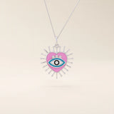 14K solid gold necklace features a beautifully detailed pink and blue enamel evil eye heart pendant