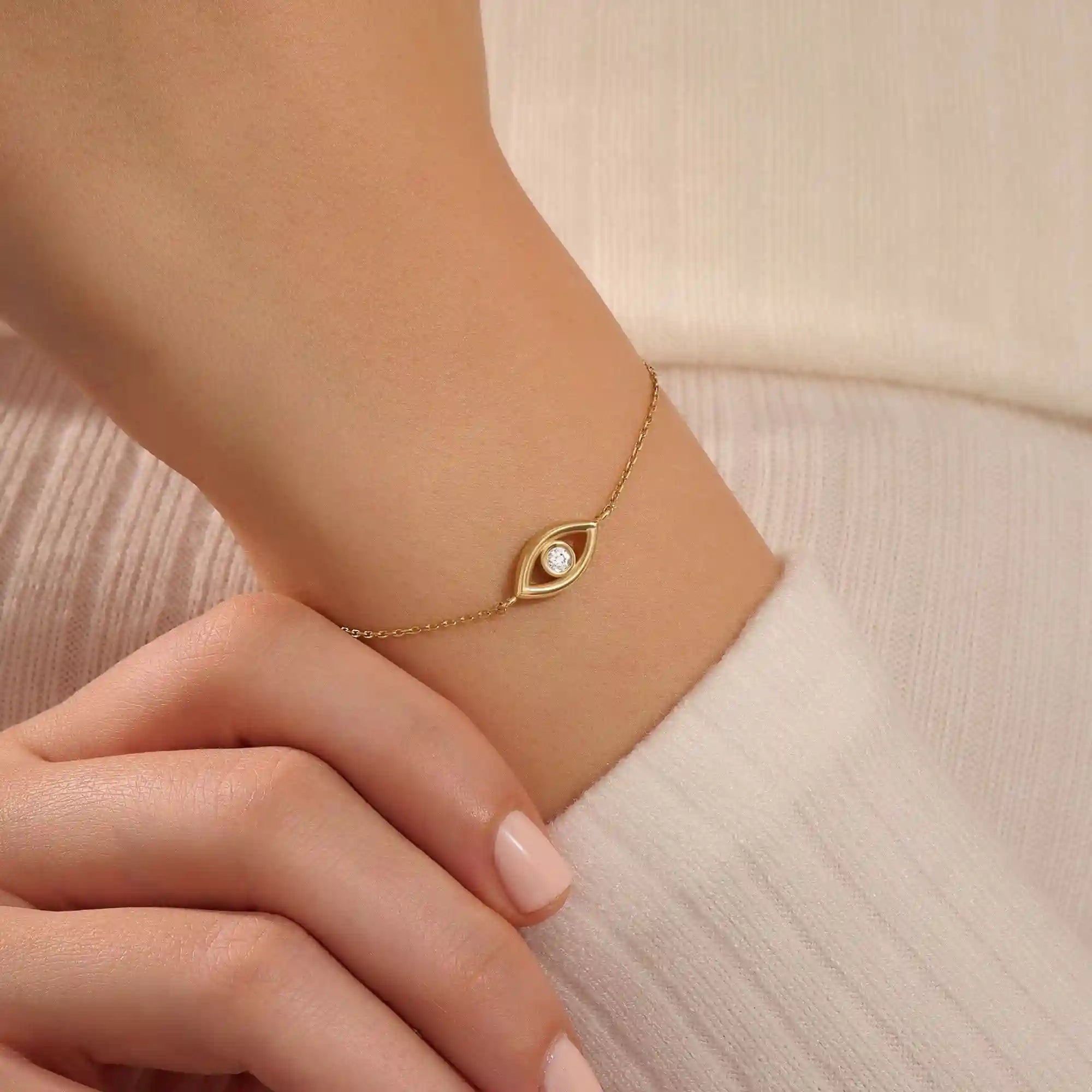 14k solid gold bezel round moissanite  evil eye ring for women
