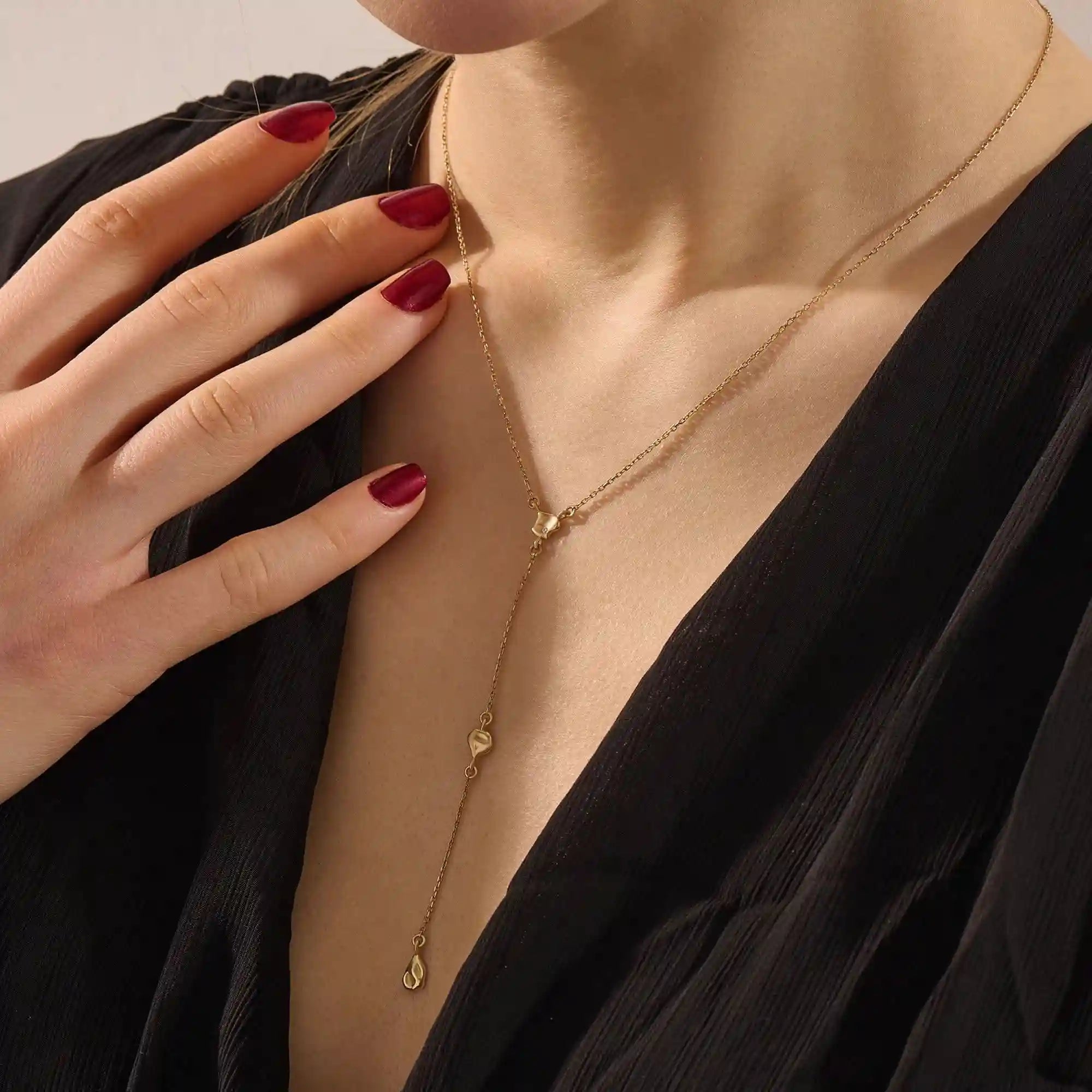 14k solid gold abstract shapes y lariat necklace with tiny moissanite for women