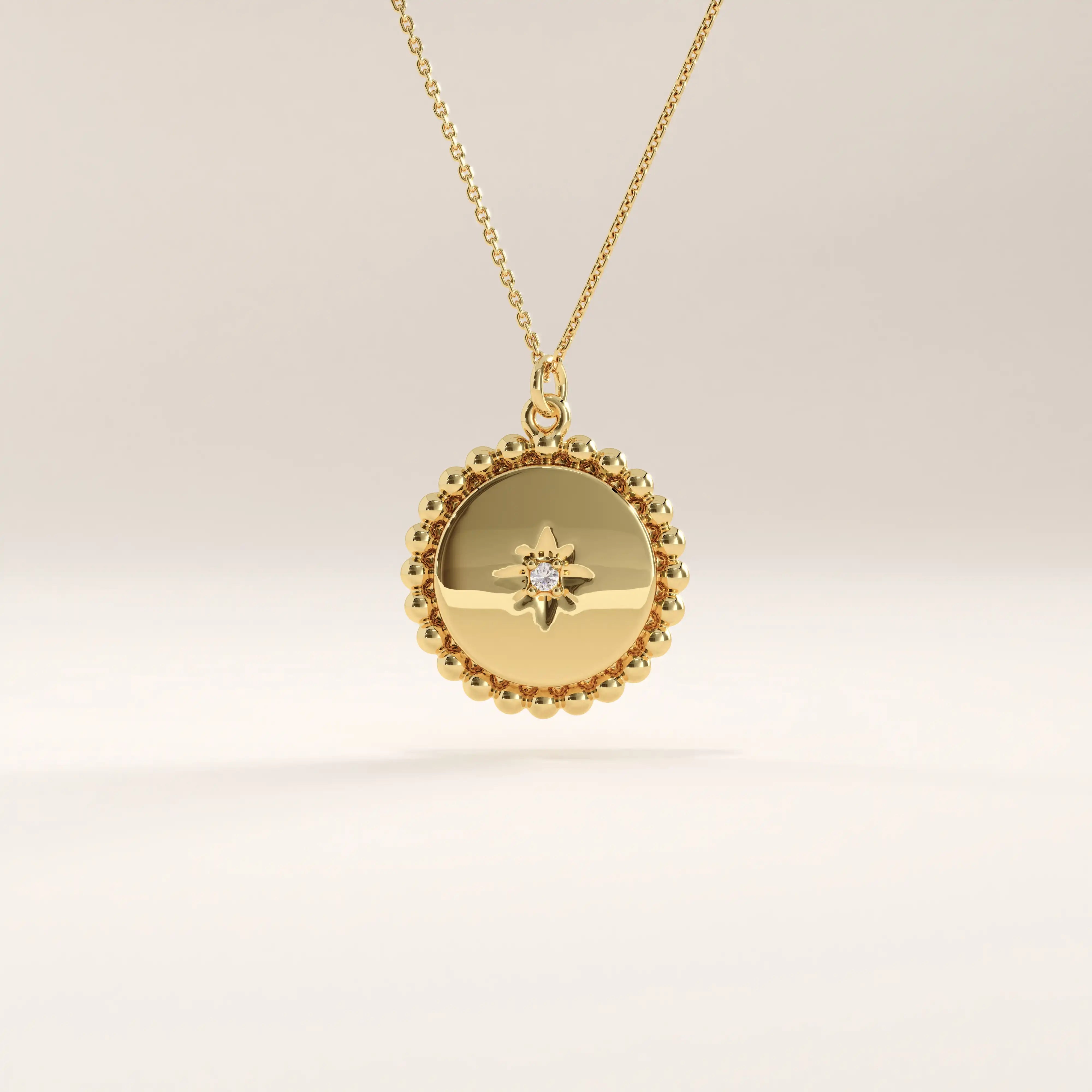 Side view of 14k gold vermeil beaded coin necklace highlighting the intricate bead-edge texture and central stone setting that enhance its elegant craftsmanship.
