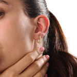 Model wearing 14k gold vermeil beaded hoop earrings showcasing the radiant beaded design and subtle shimmer, perfect for everyday elegance or evening wear.
