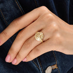 Model wearing a 14k gold vermeil boho sun ring adorned with cubic zirconia accents, highlighting its radiant celestial design and warm golden glow.
