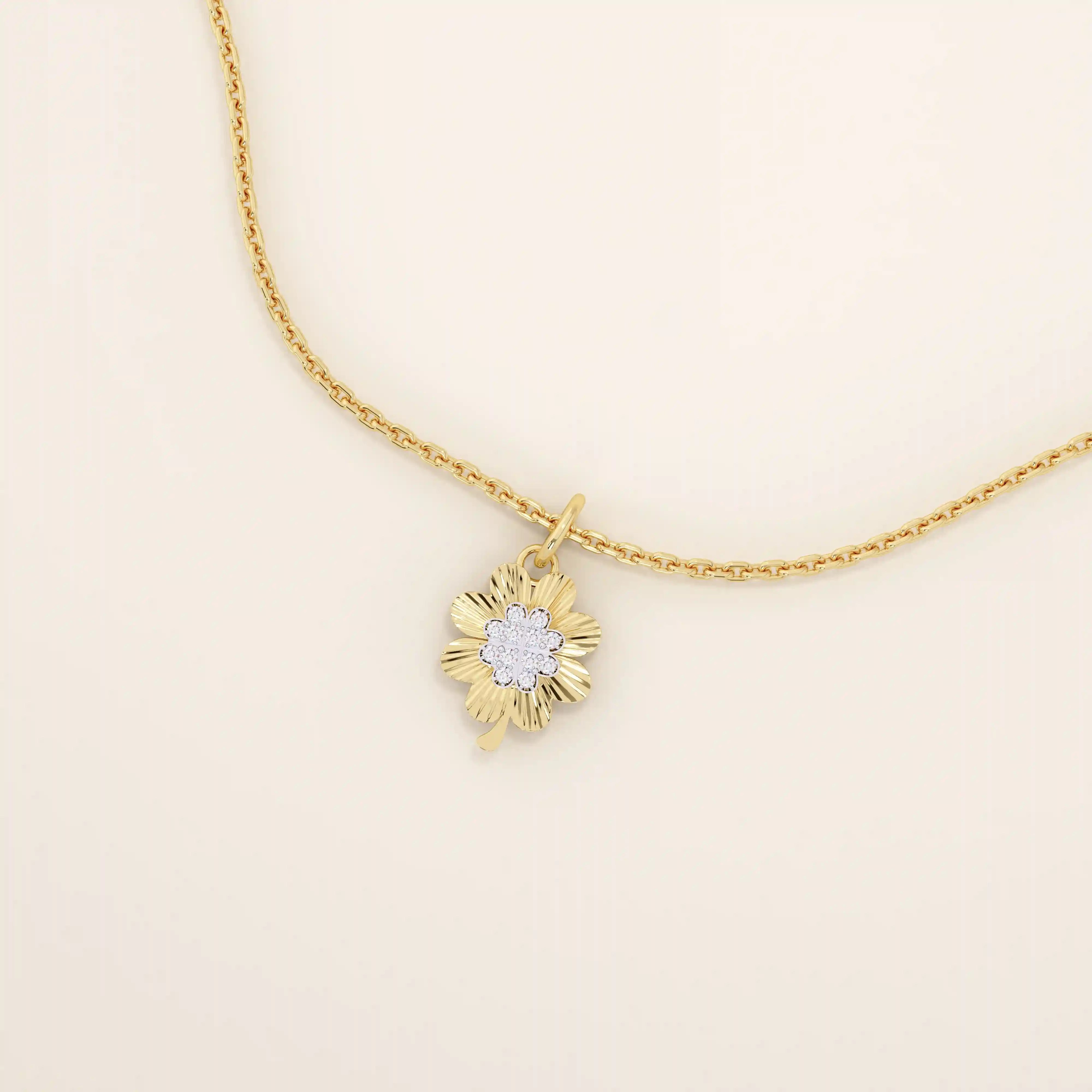 14k solid gold pave moissanite foyr leaf clover pendant necklace for women