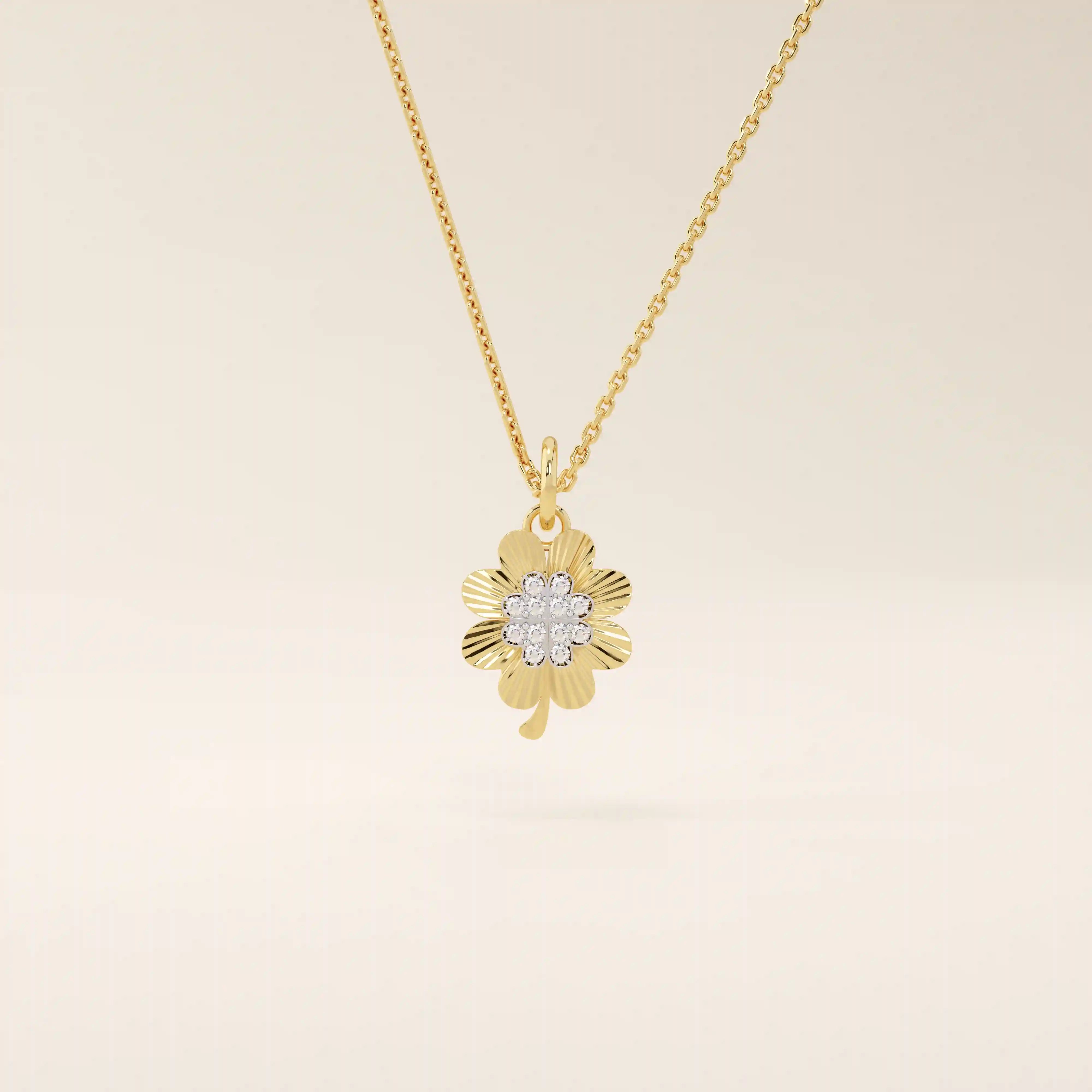 14k solid gold pave moissanite foyr leaf clover pendant necklace for women