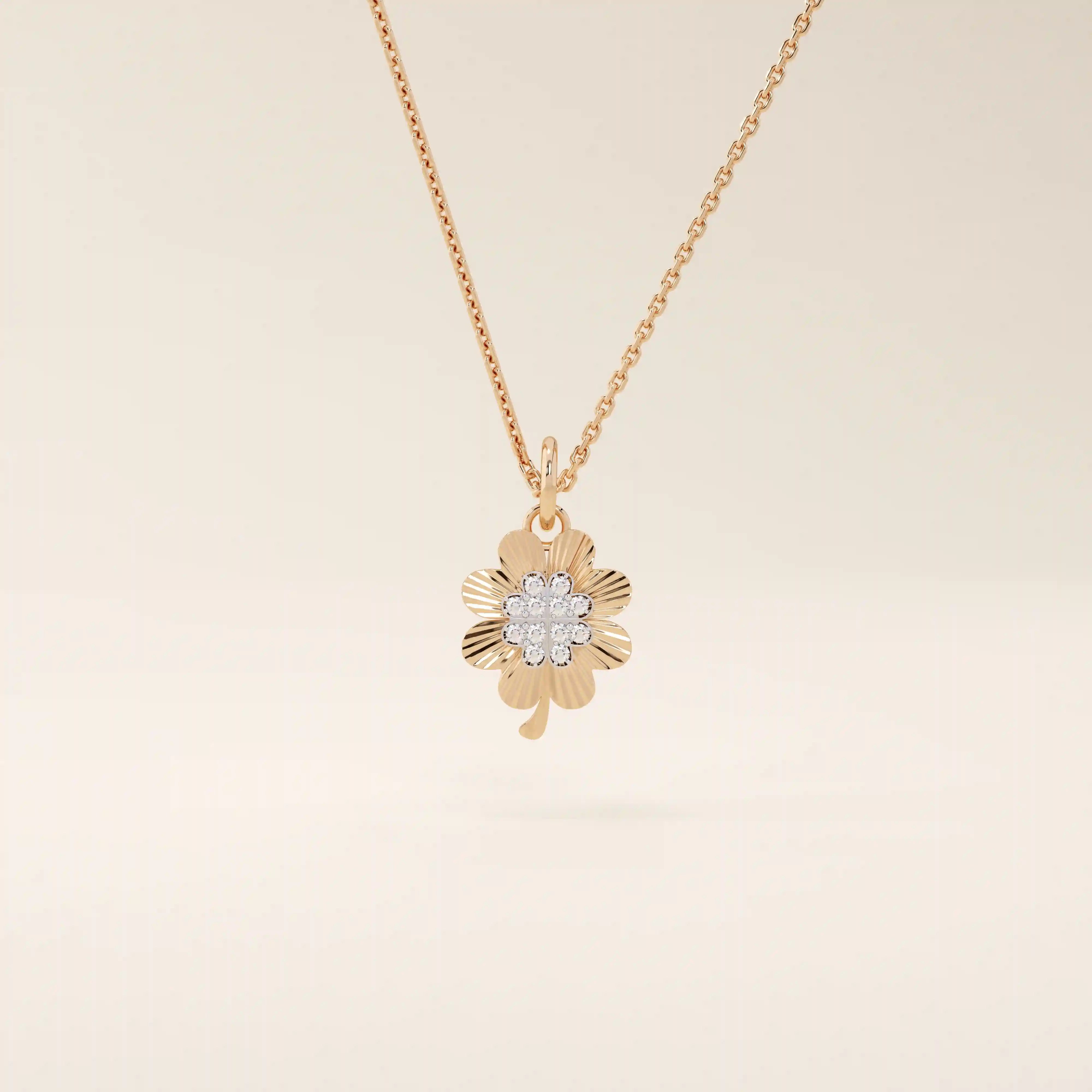 14k solid gold pave moissanite foyr leaf clover pendant necklace for women