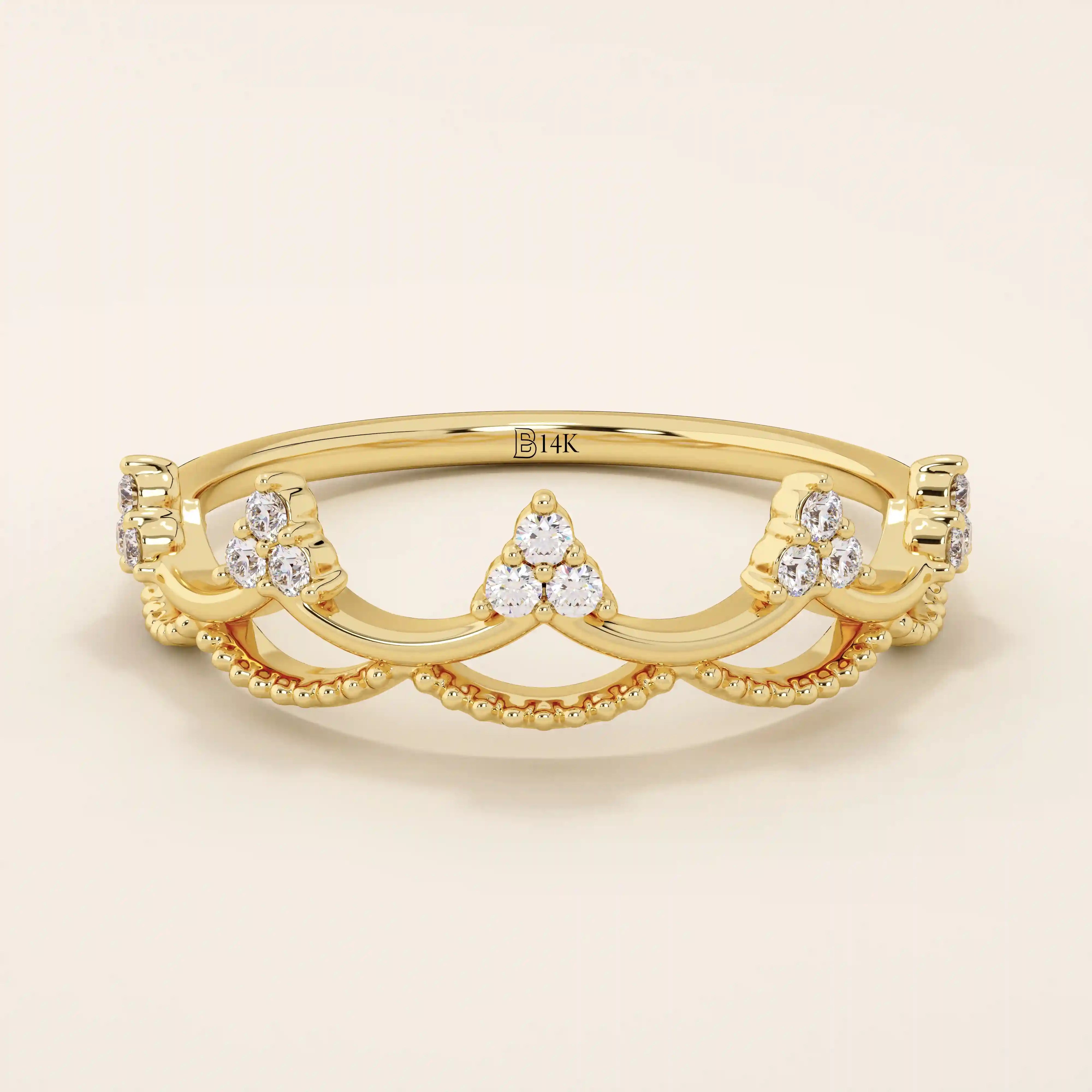 14K SOLID GOLD WAVY CROWN RING PAVE WITH MOISSANITE STONES FOR WOMEN