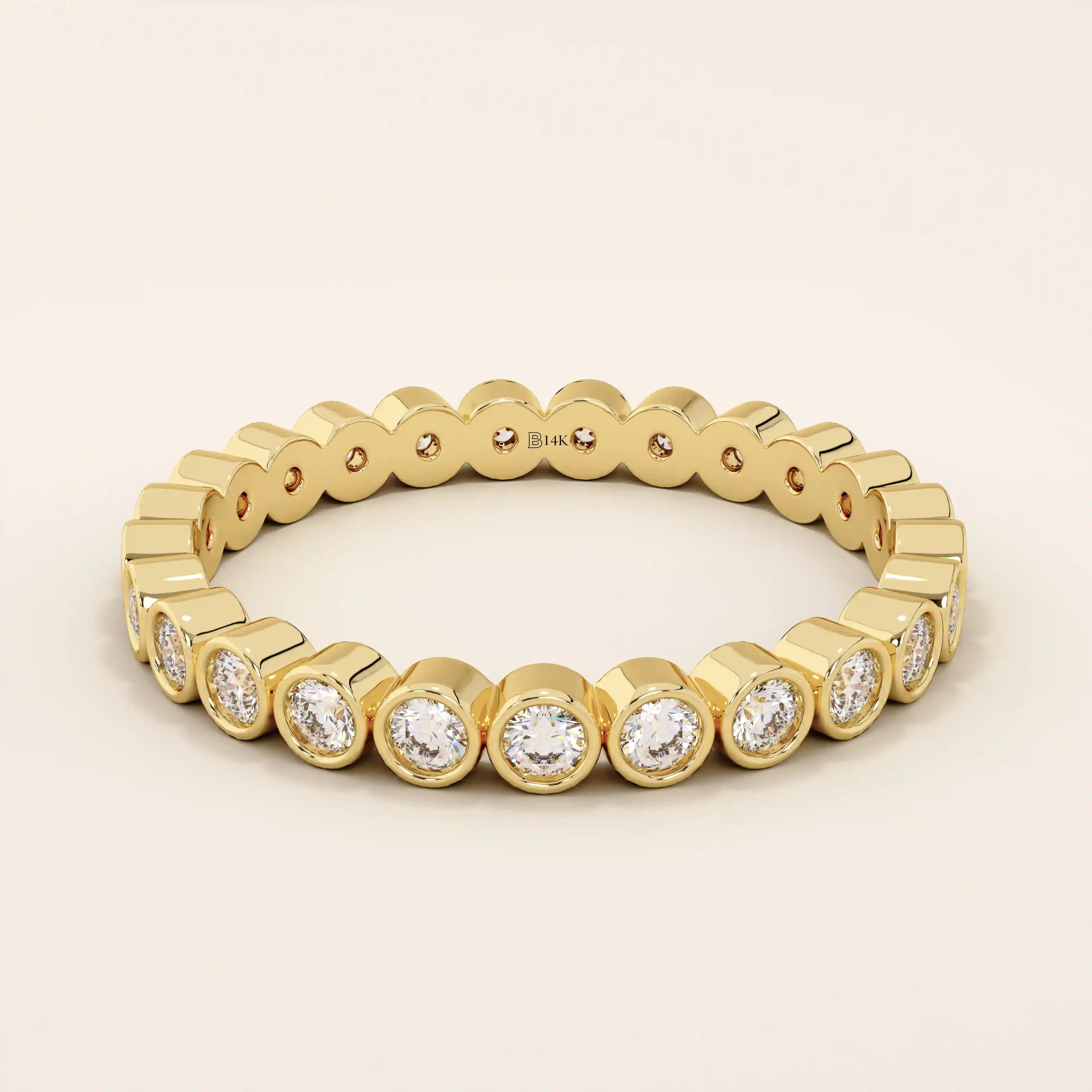 14K SOLID YELLOW GOLD DOT CIRCLE BEZEL WEDDING STACKING RING FOR WOMEN