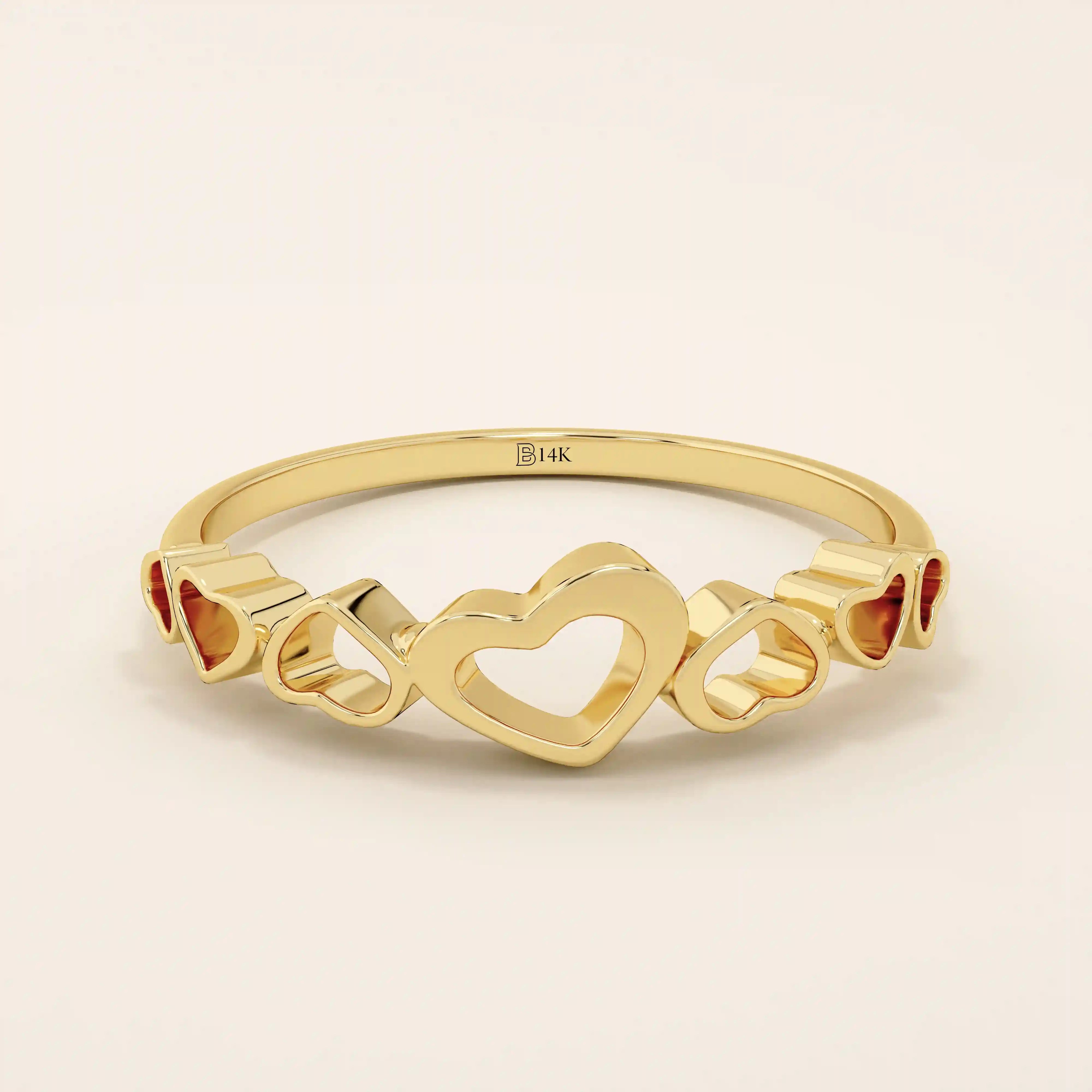 14K SOLID YELLOW GOLD 7 HEARTS STACKABLE STATEMENT RING FOR WOMEN