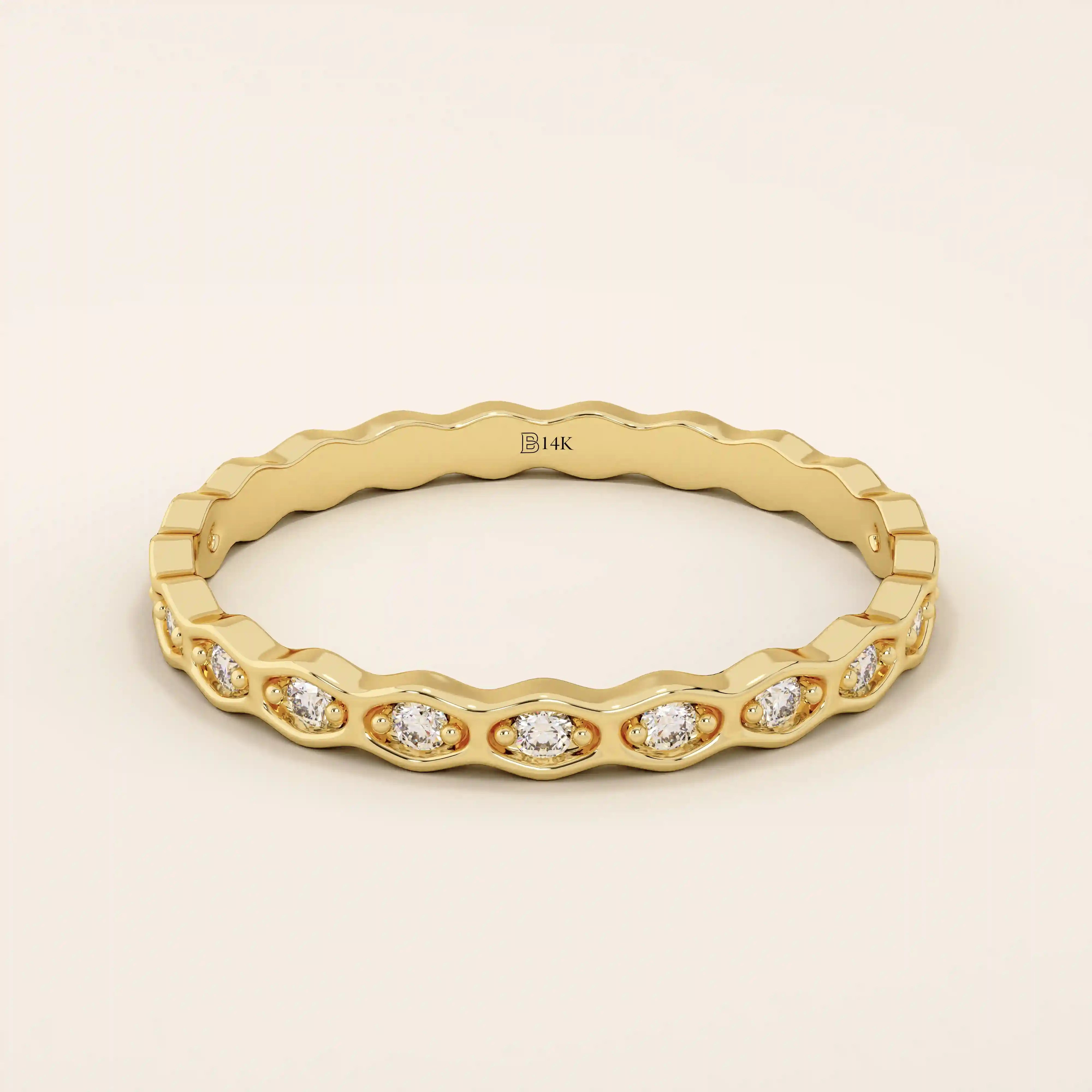 14K SOLID YELLOW GOLD SLIM BAND STACKABLE HIVE WEDDING RING FOR WOMEN