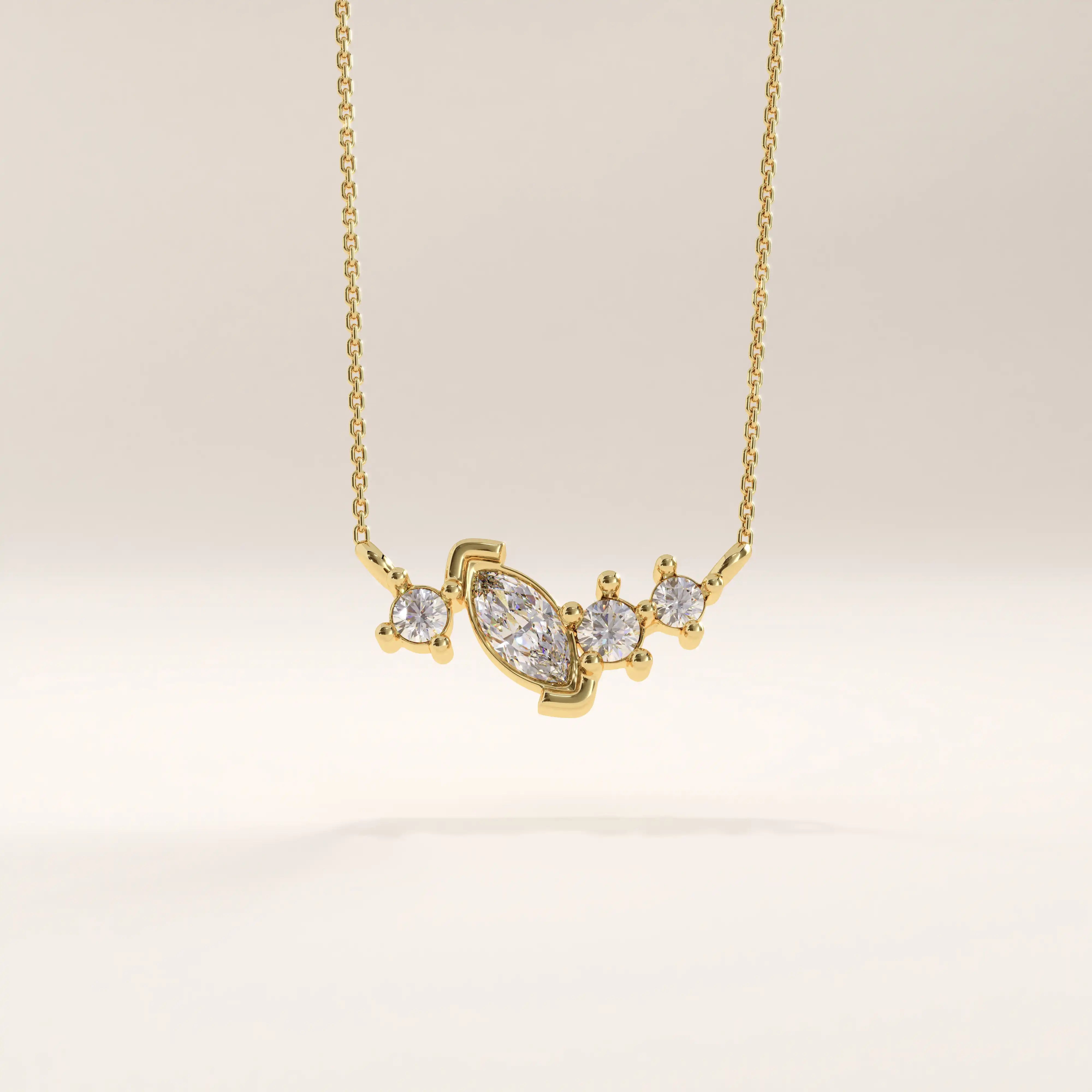 Side view of 14k gold vermeil mixed cut necklace highlighting the intricate stone arrangement and the graceful curvature of the setting that enhances its brilliance.
