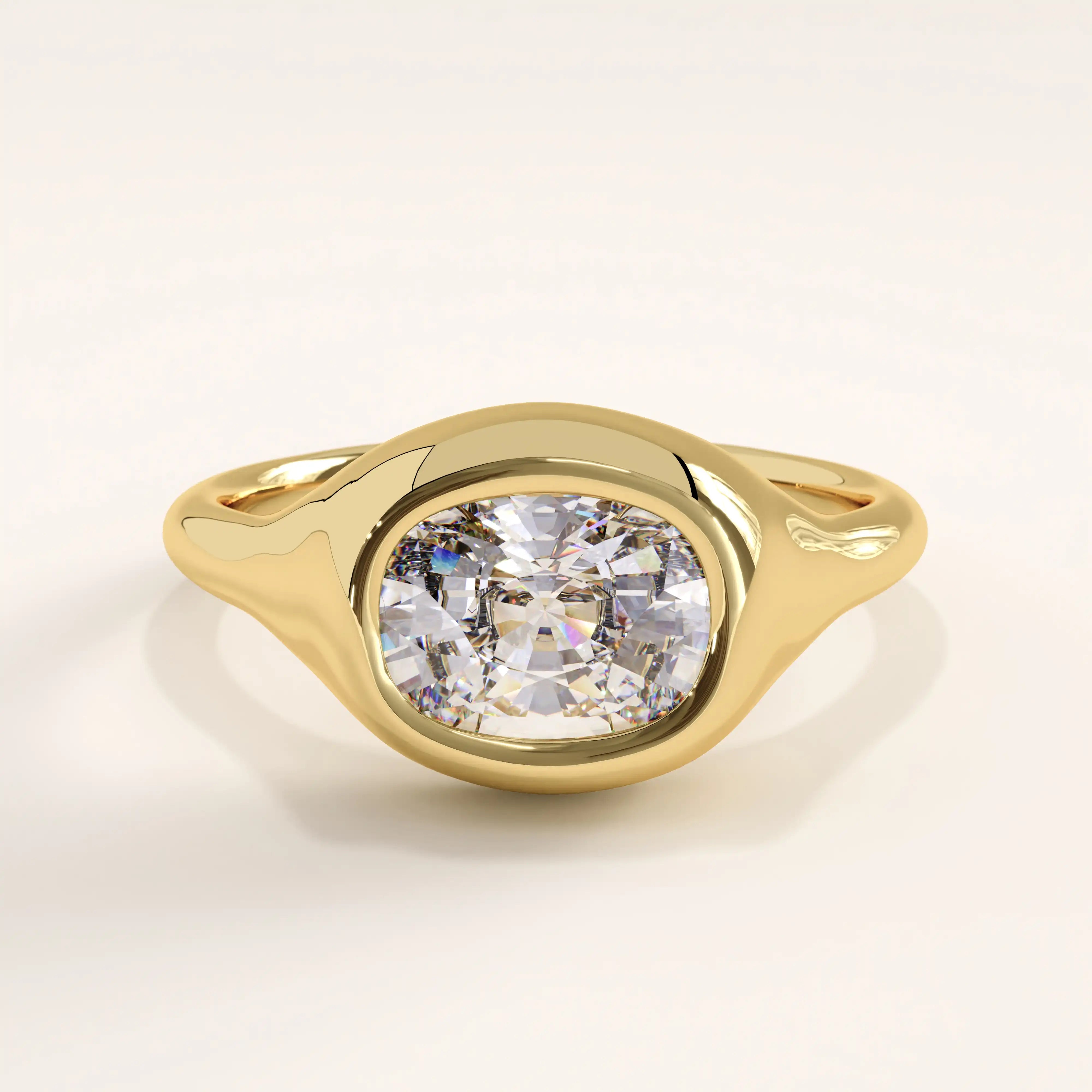 14k gold vermeil oval-cut dome ring featuring a brilliant oval cubic zirconia center stone in a smooth bezel setting, modern yet timeless statement jewelry.
