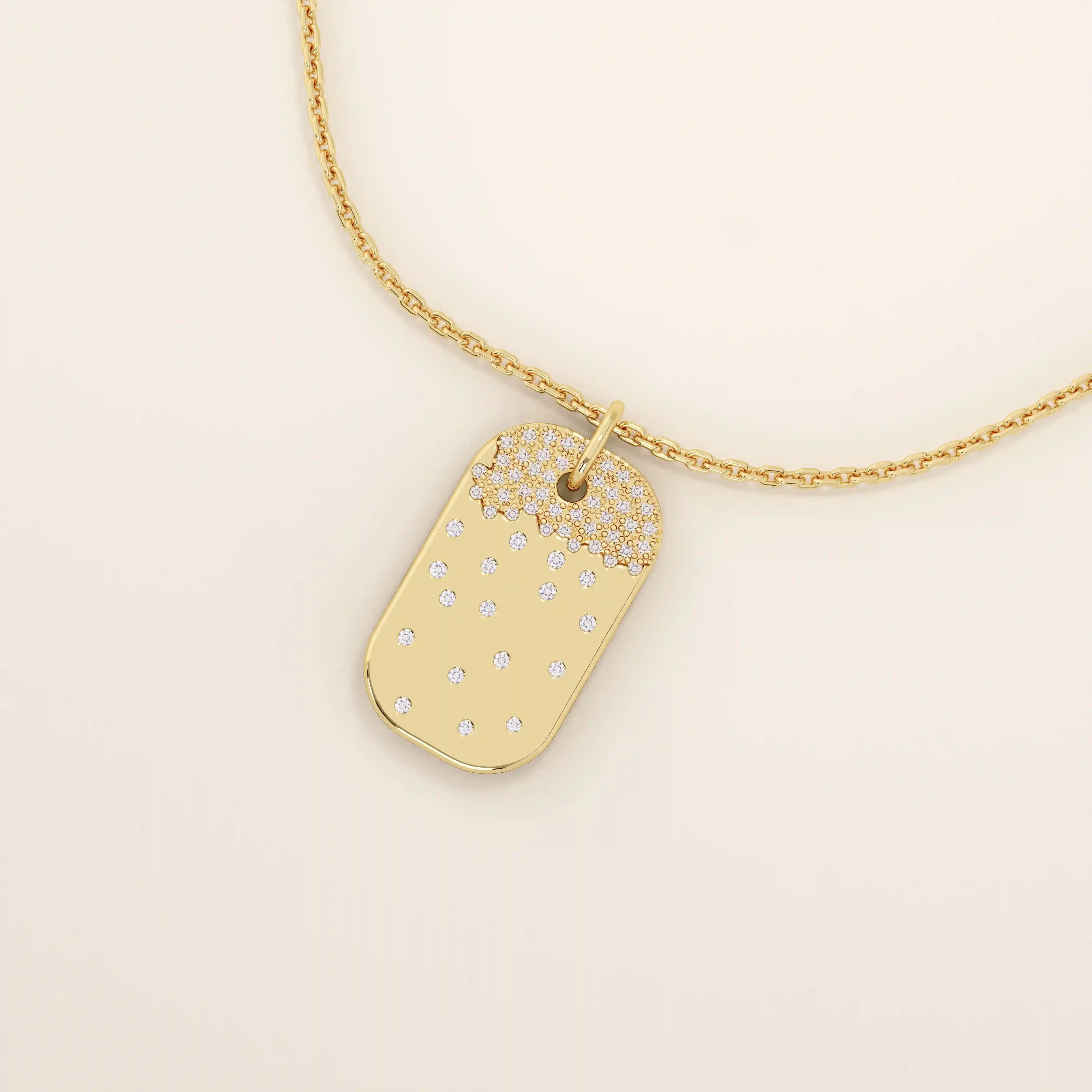 14K SOLID GOLD RECTANGLE TAG PENDANT NECKLACE WITH SCATTERED PAVE TINY MOISSANITE STONES FOR WOMEN