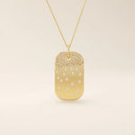 14K SOLID GOLD RECTANGLE TAG PENDANT NECKLACE WITH SCATTERED PAVE TINY MOISSANITE STONES FOR WOMEN