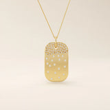 14K SOLID GOLD RECTANGLE TAG PENDANT NECKLACE WITH SCATTERED PAVE TINY MOISSANITE STONES FOR WOMEN
