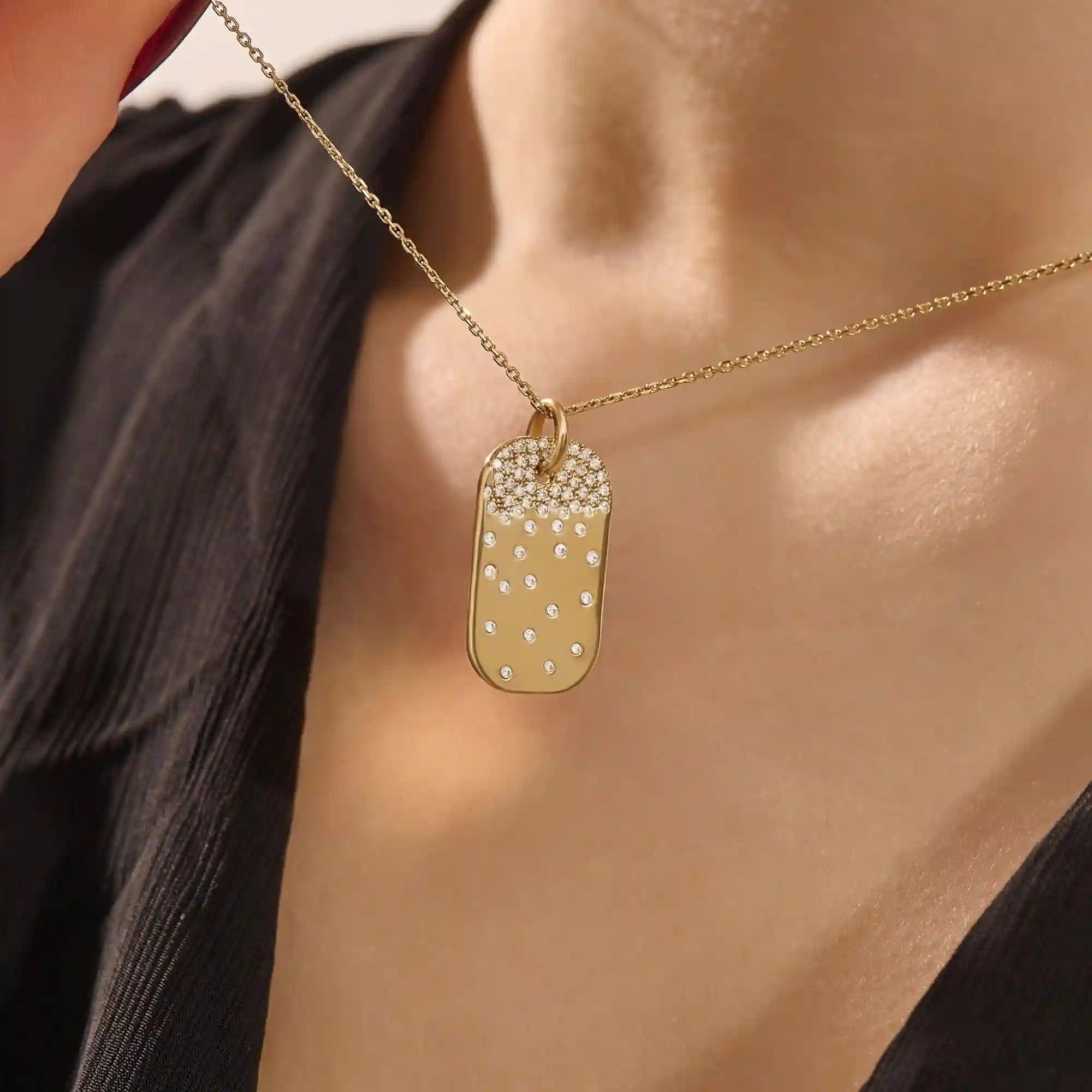 14K SOLID GOLD RECTANGLE TAG PENDANT NECKLACE WITH SCATTERED PAVE TINY MOISSANITE STONES FOR WOMEN