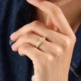 Model wearing a 14k gold vermeil ribbed dome ring showcasing its modern grooved design and bold polished shine for a chic everyday look.
