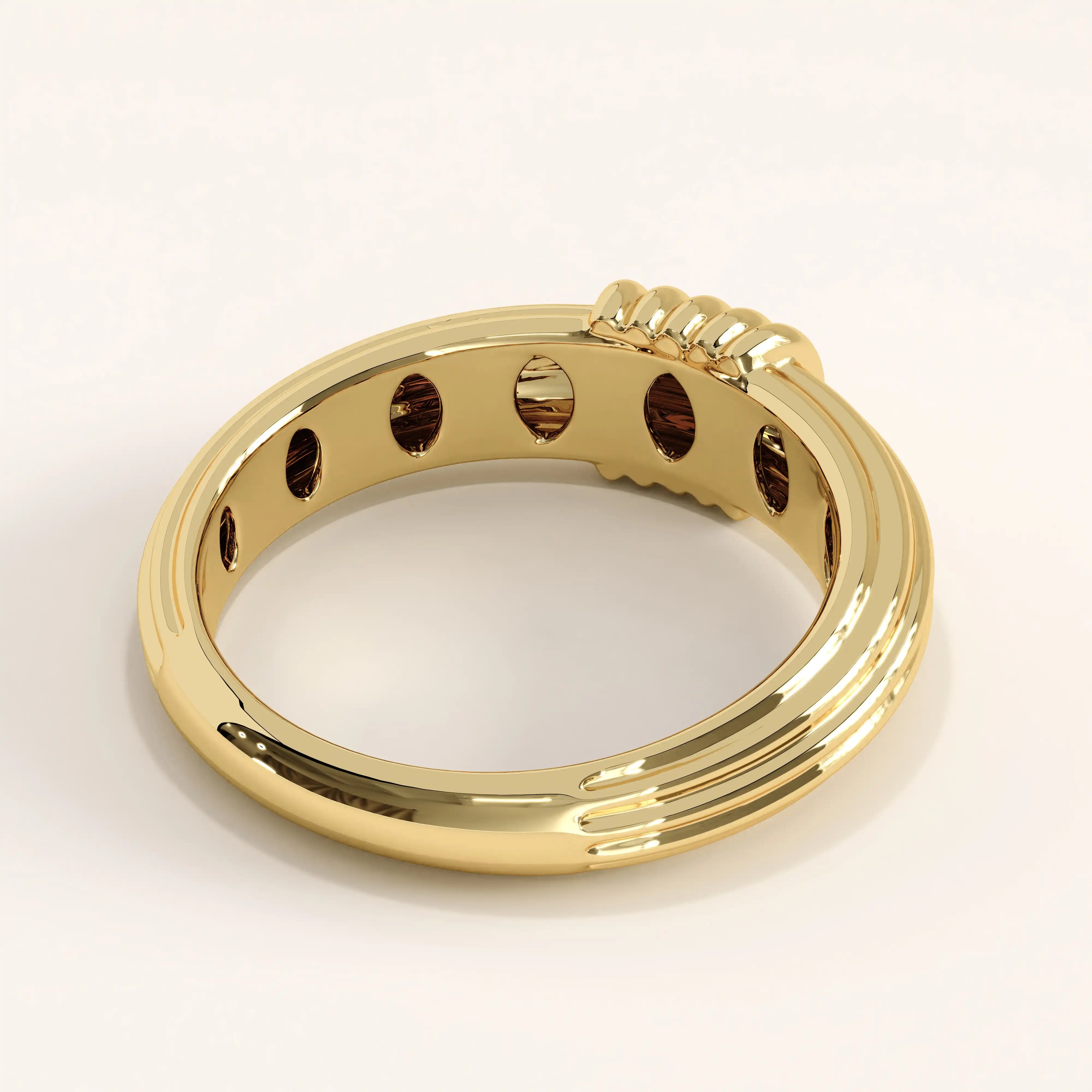 Side angle of 14k gold vermeil ribbed dome ring highlighting its smooth rounded shape and detailed ridged texture.

