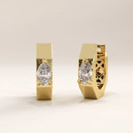 Side view of 14k gold vermeil solo pear hoop earrings showcasing the angular hoop profile and secure hinge closure for a contemporary statement look.
