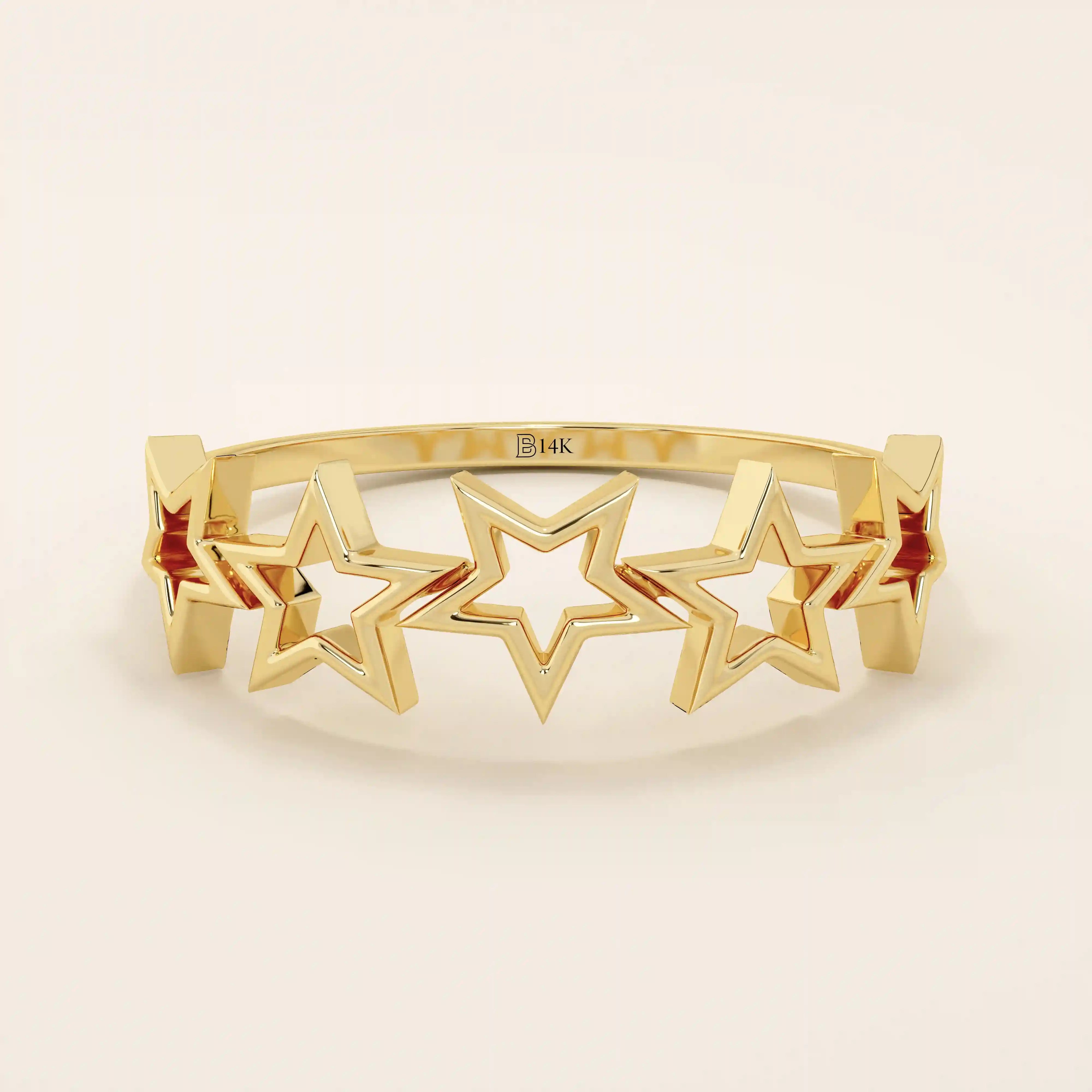 14K SOLID YELLOW GOLD 5 STARS STACKING STATEMENT RING FOR WOMAN
