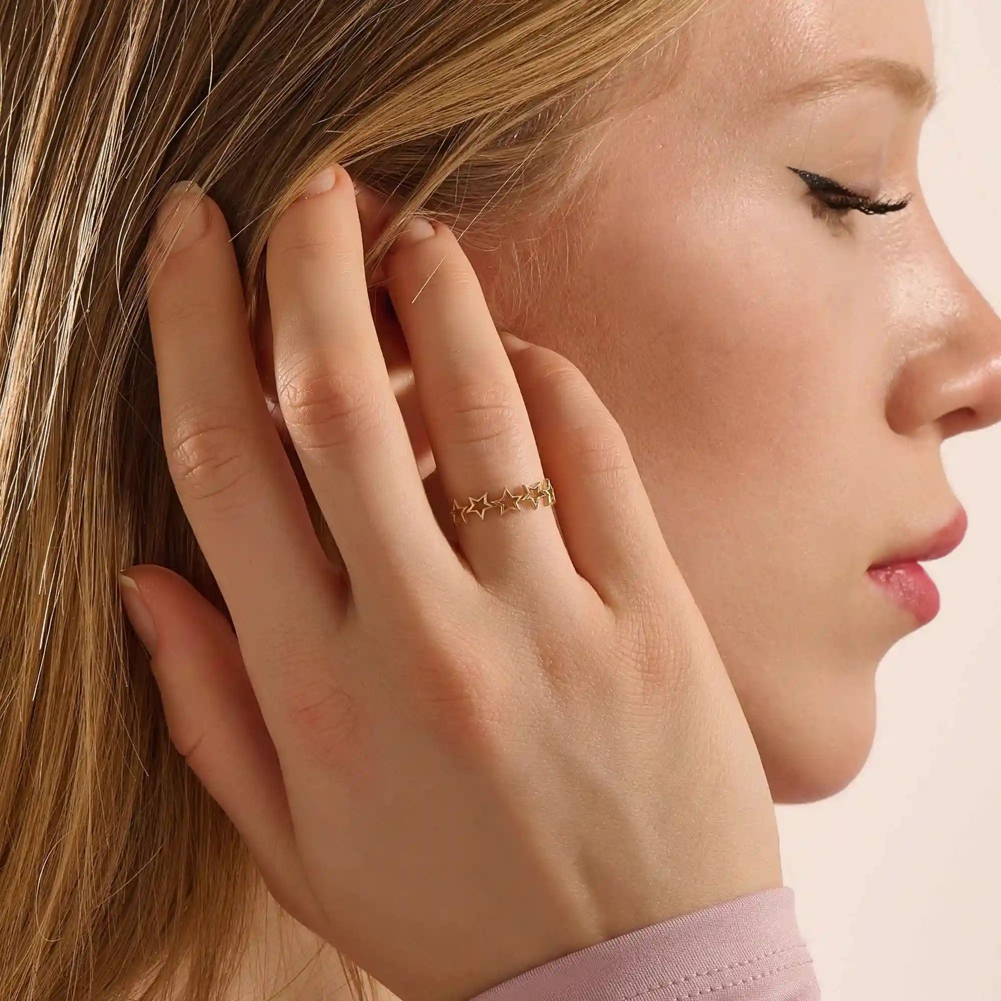 14K SOLID YELLOW GOLD 5 STARS STACKING STATEMENT RING FOR WOMAN