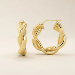 14k solid gold twisted thick band hoop earrings for women