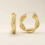 14k solid gold twisted thick band hoop earrings for women