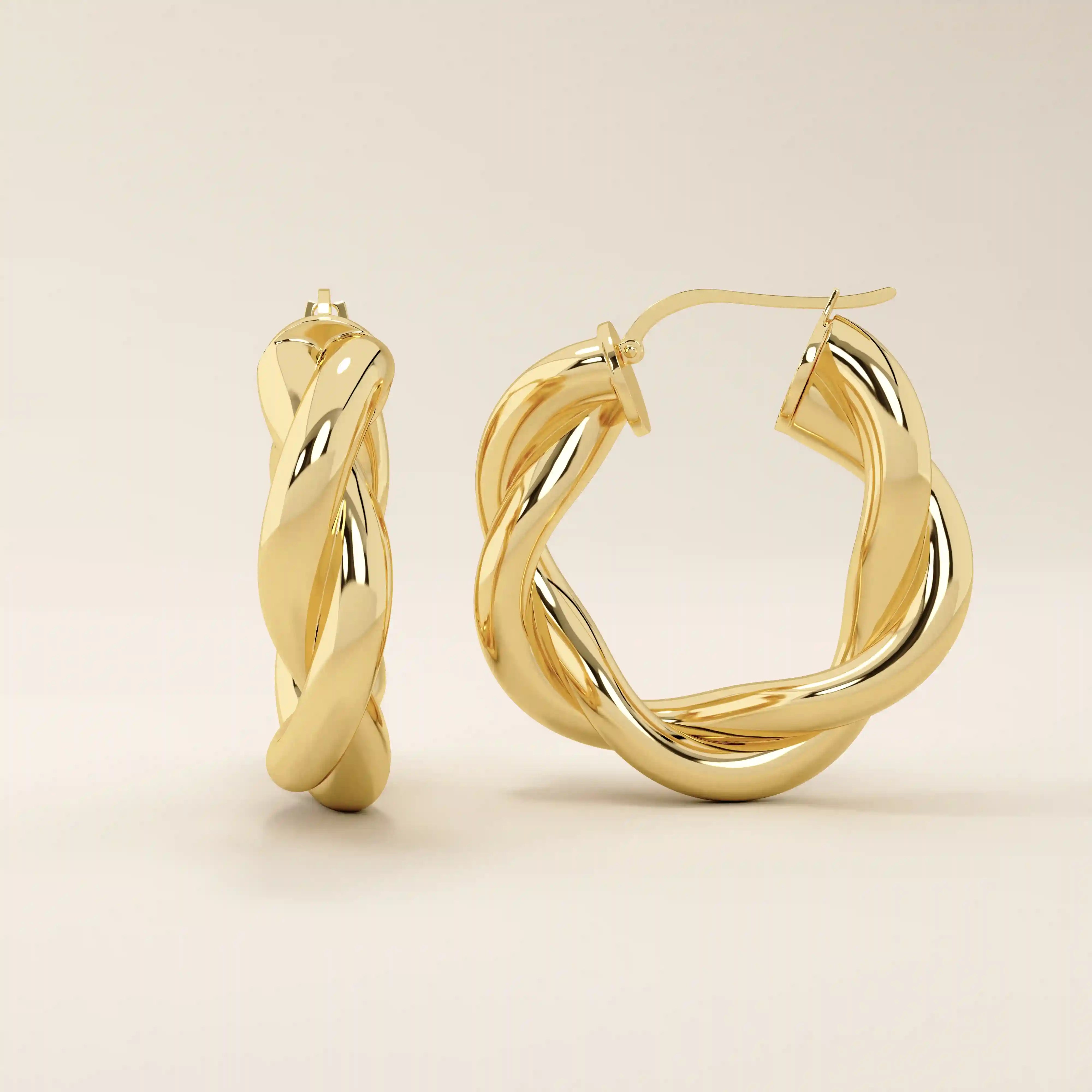 14k solid gold twisted thick band hoop earrings for women