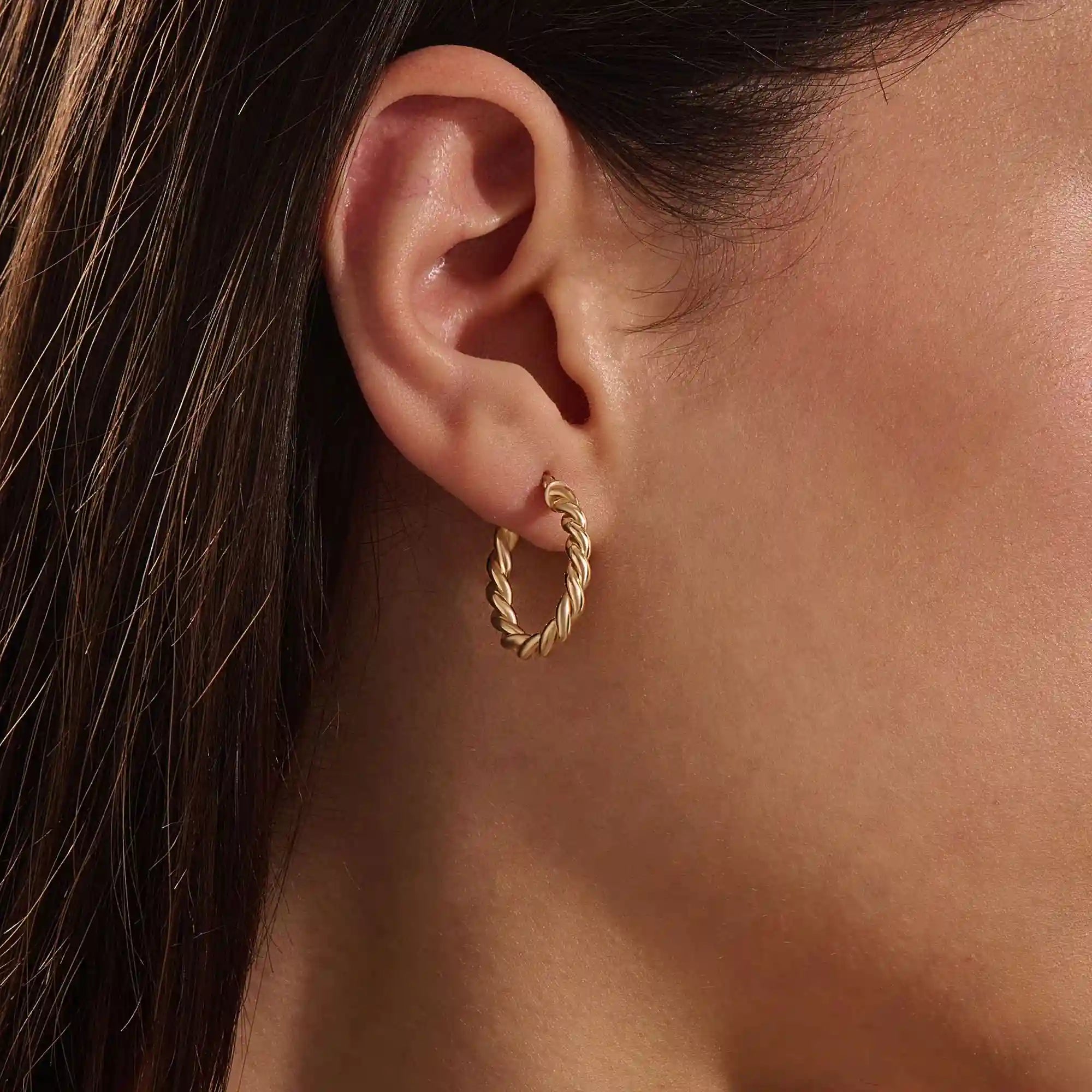 14k solid gold twisted rope band hoop earrings for women
