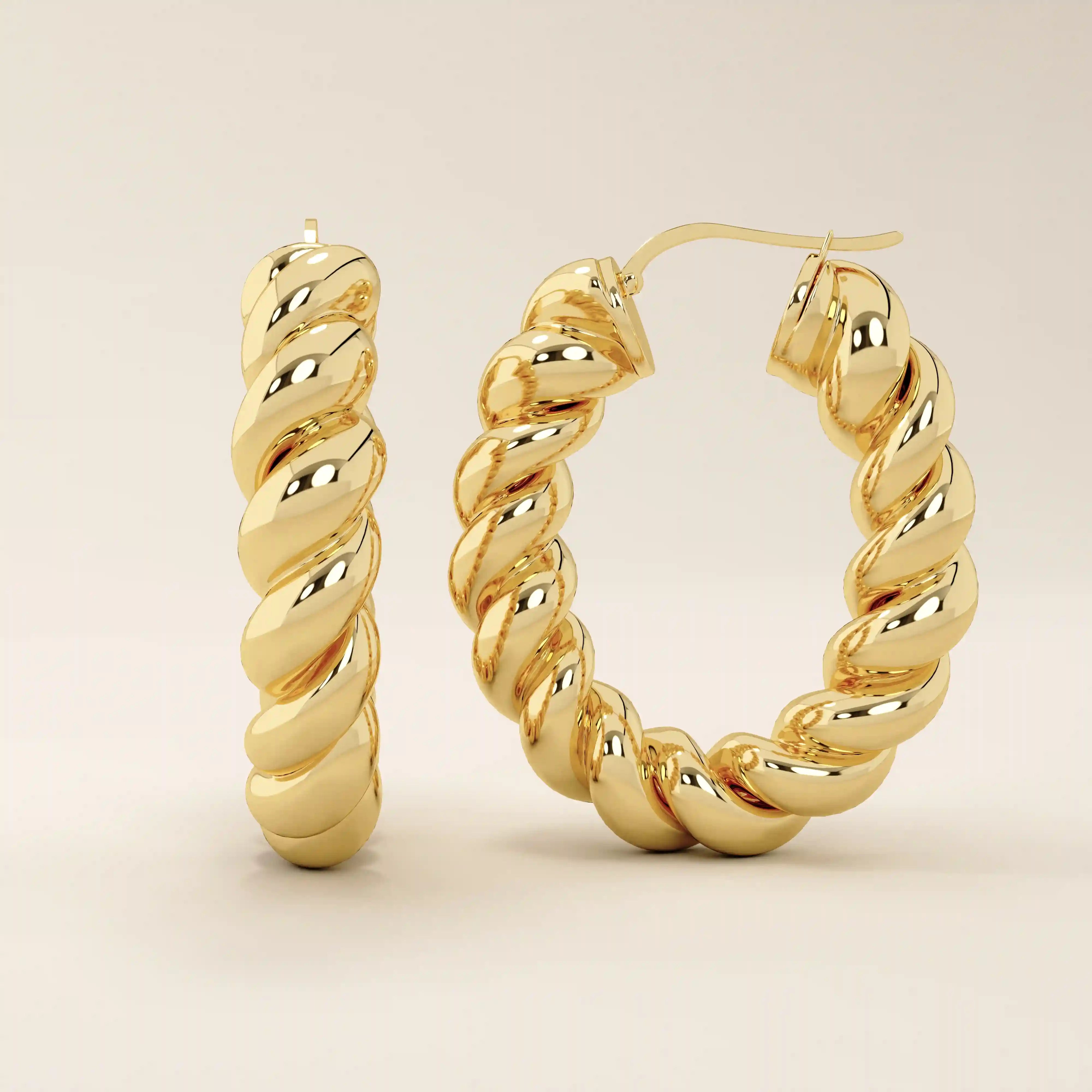 14k solid gold twisted rope band hoop earrings for women