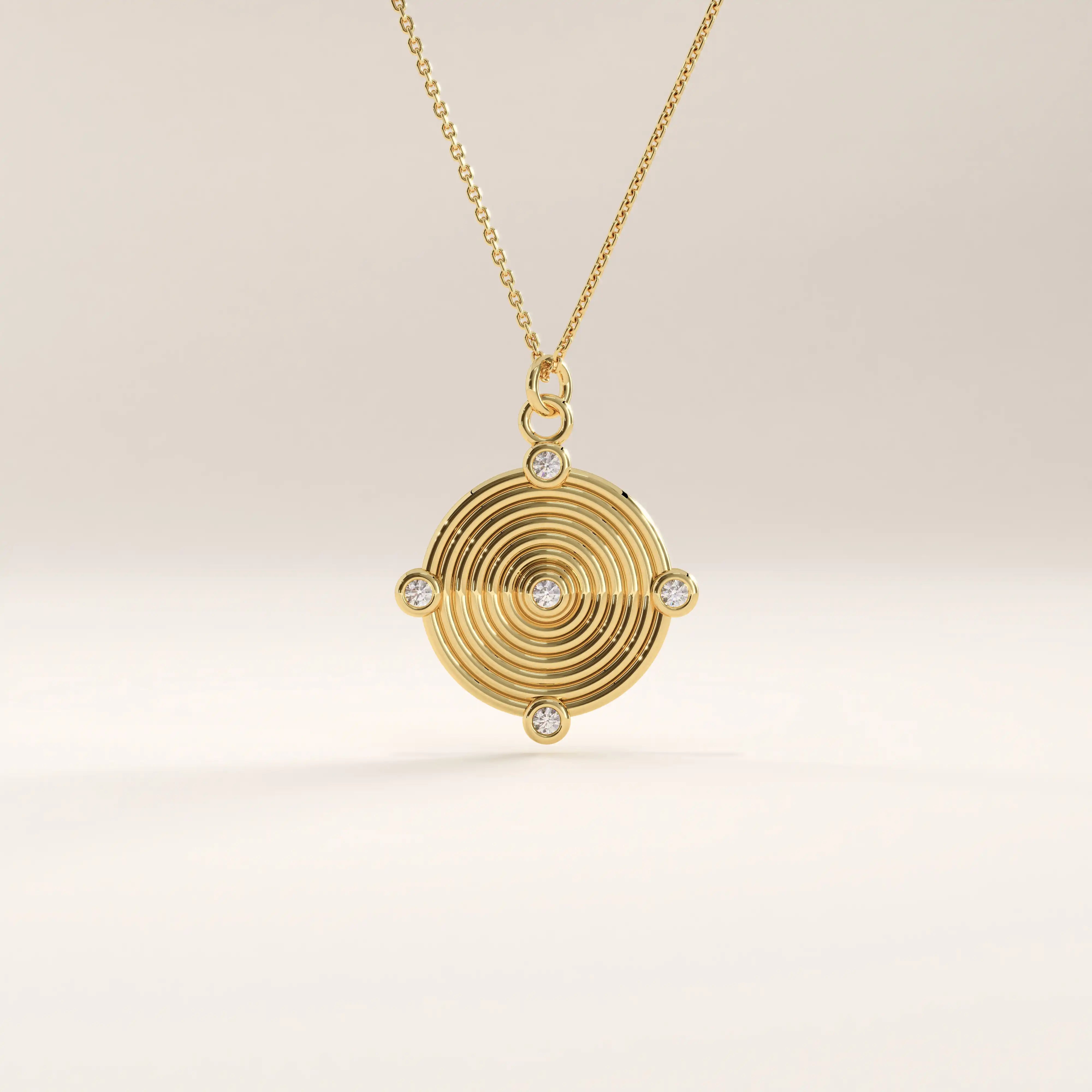 Side view of 14k gold vermeil unique round necklace highlighting the sculpted concentric layers and shimmering cubic zirconia details that reflect light beautifully.
