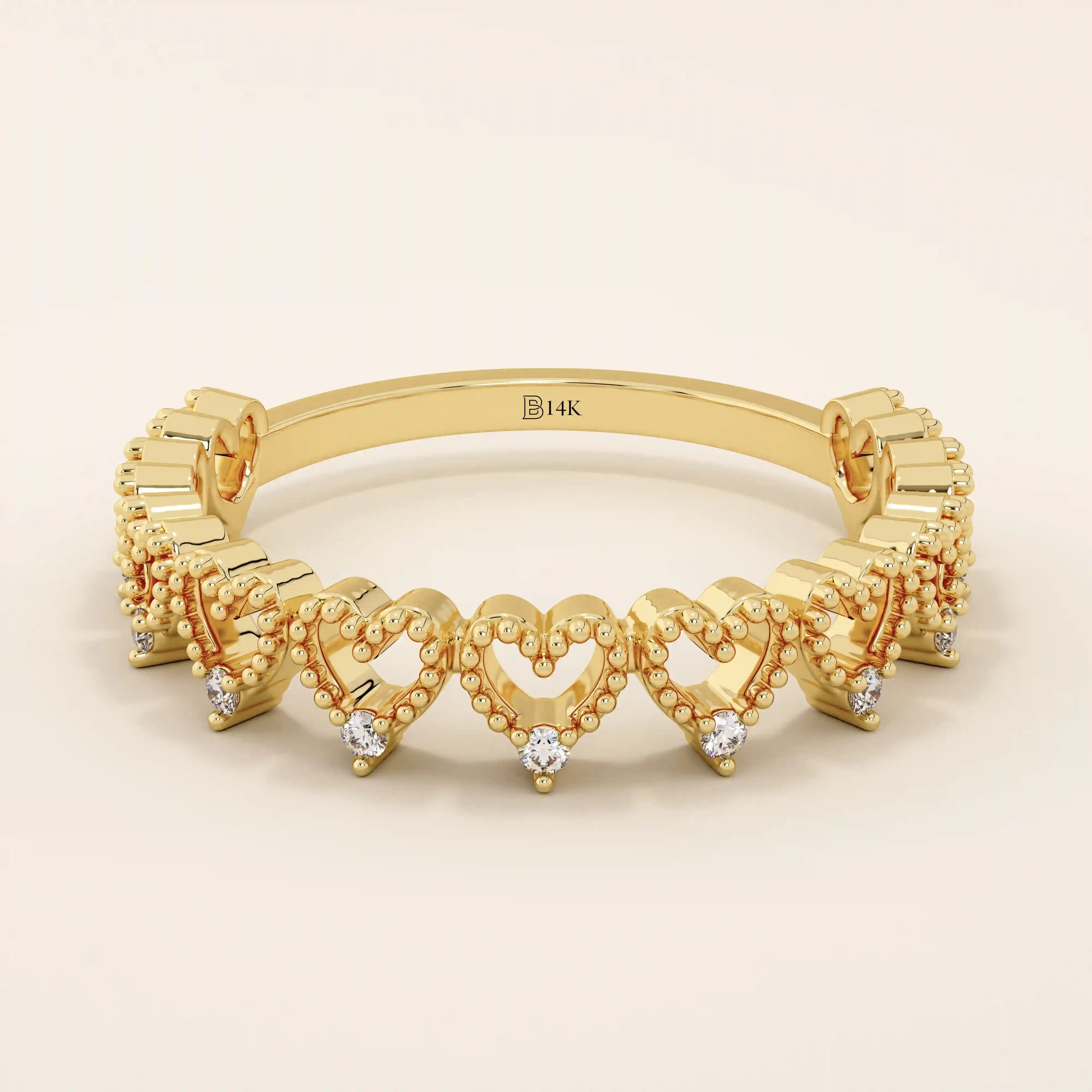 14K SOLID GOLD HALF ETERNITY MILGRAIN HEART STACKING RING FOR WOMEN
