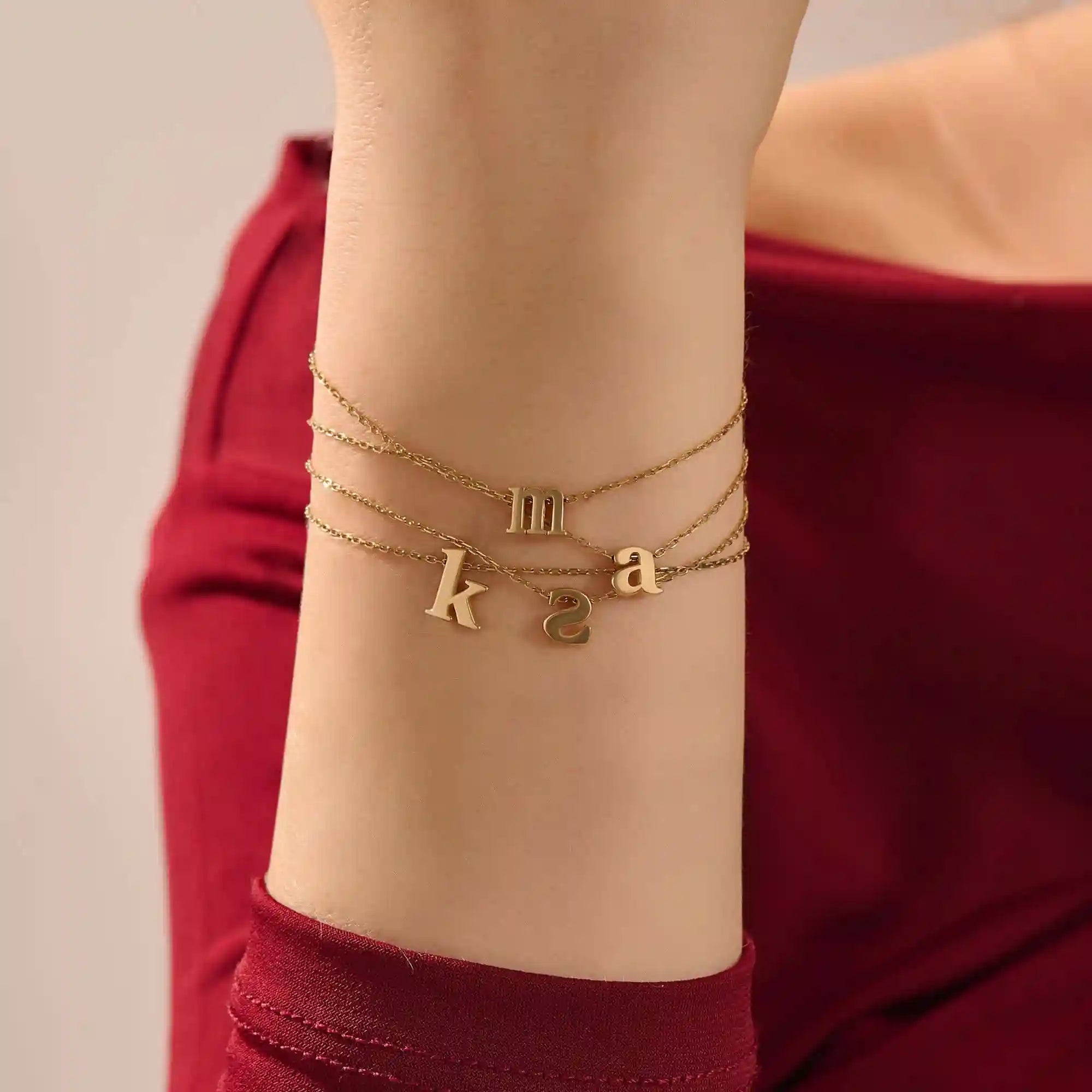14k solid gold moving letter alphabet bracelet for women
