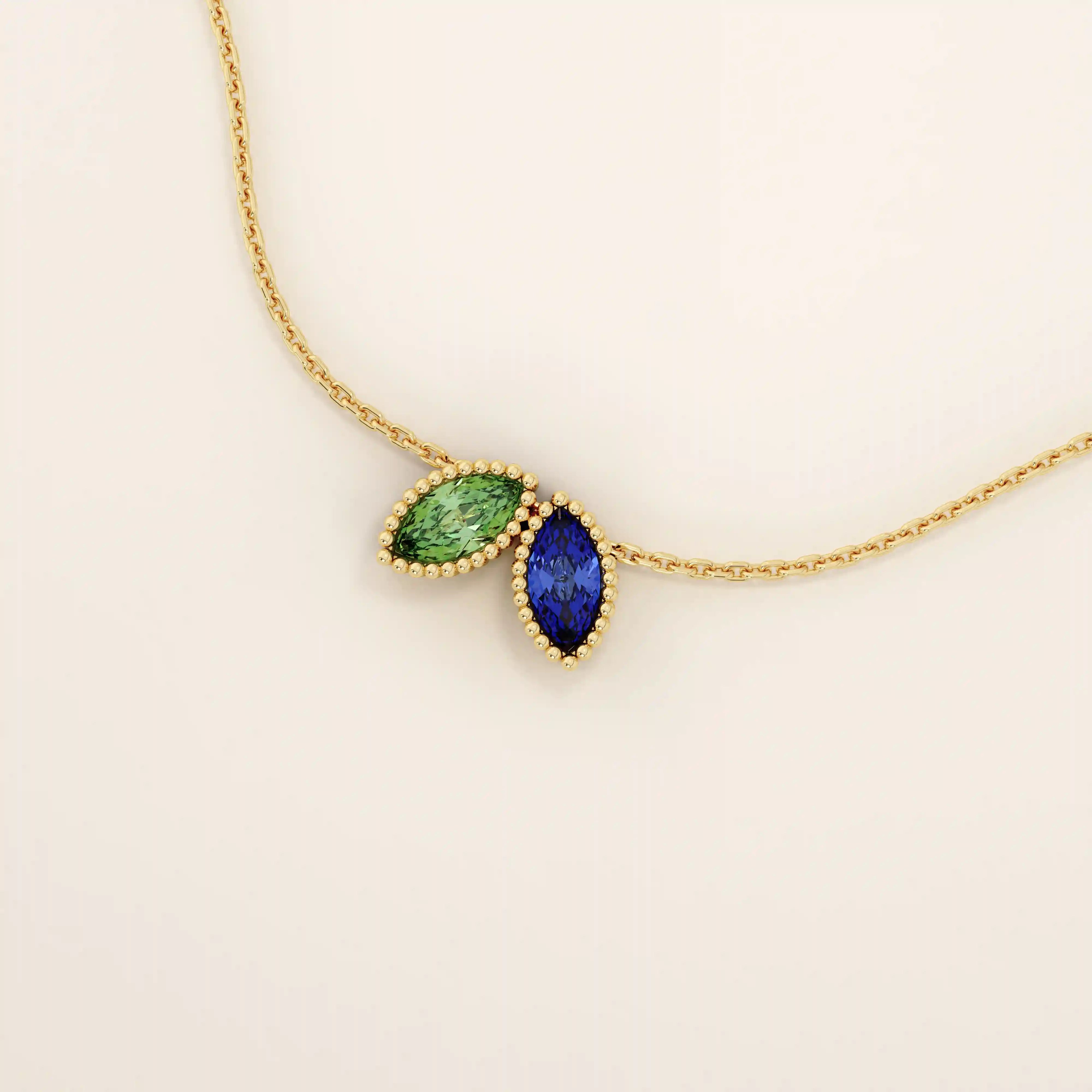 14K SOLID GOLD DOUBLE MARQUISE BIRTHSTONE MOVING CHARM NECKLACE FOR WOMEN