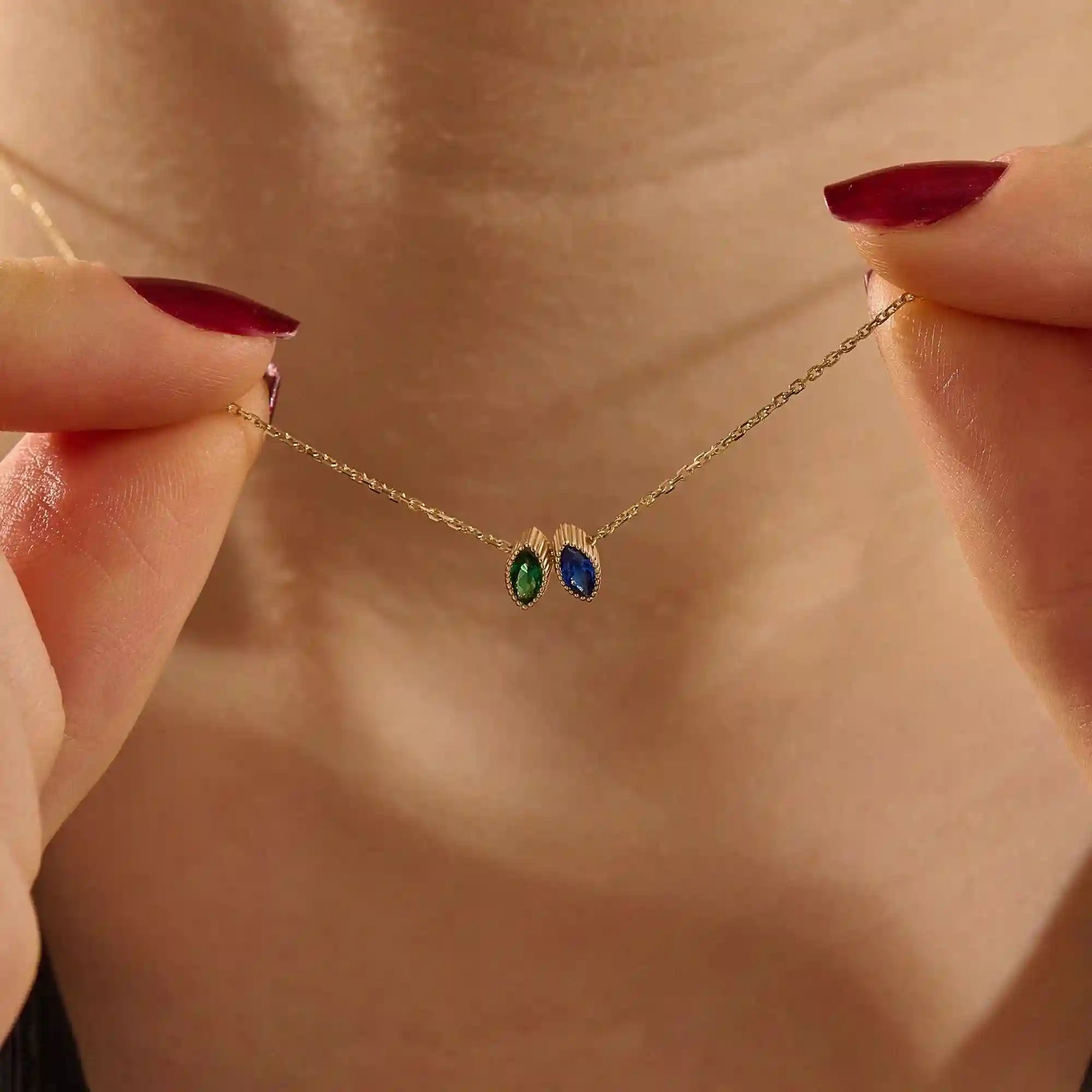 14K SOLID GOLD DOUBLE MARQUISE BIRTHSTONE MOVING CHARM NECKLACE FOR WOMEN