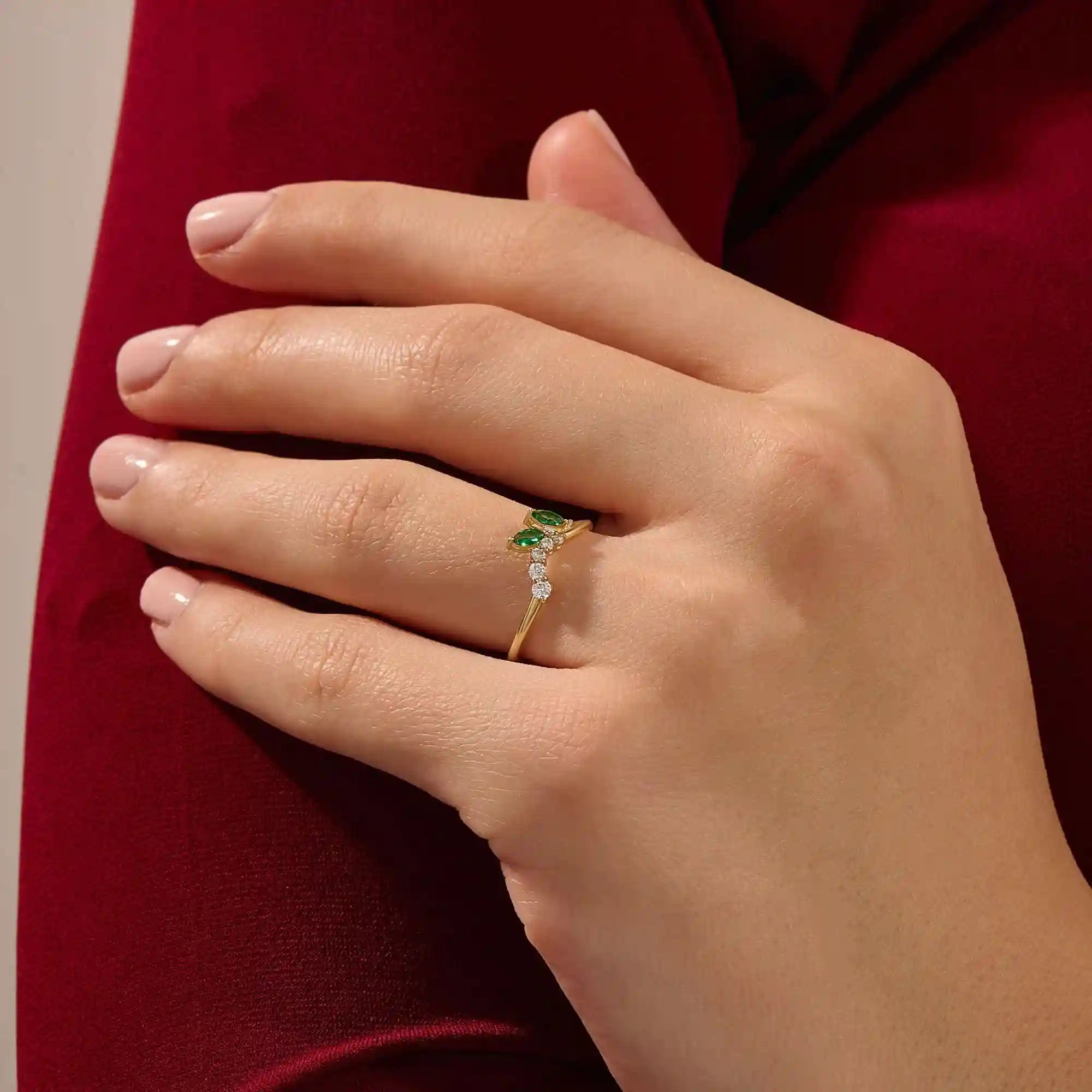14k solid gold emerald and moissanite curve stacking ring for women