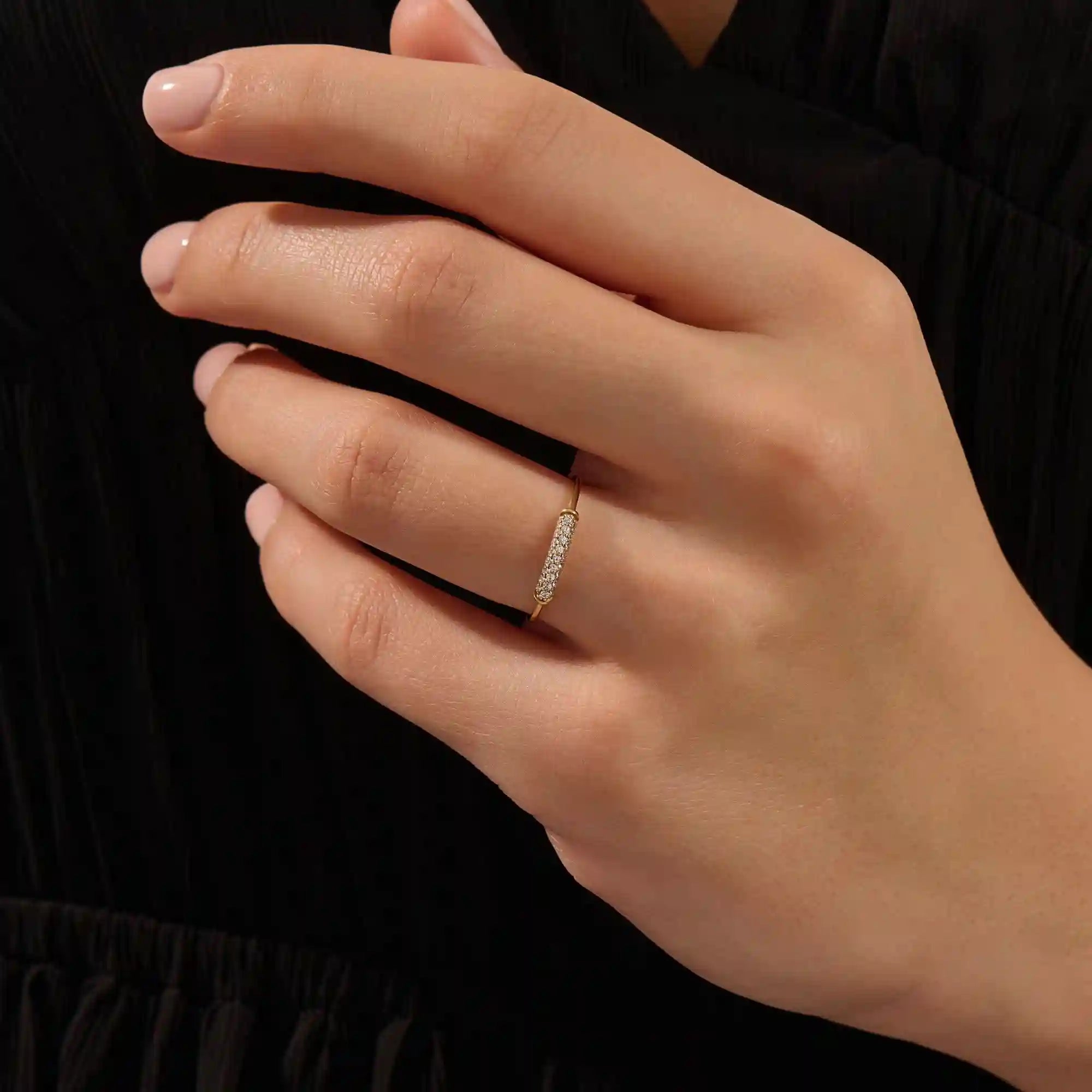 14k solid gold middle pave moissanite slim band ring for women