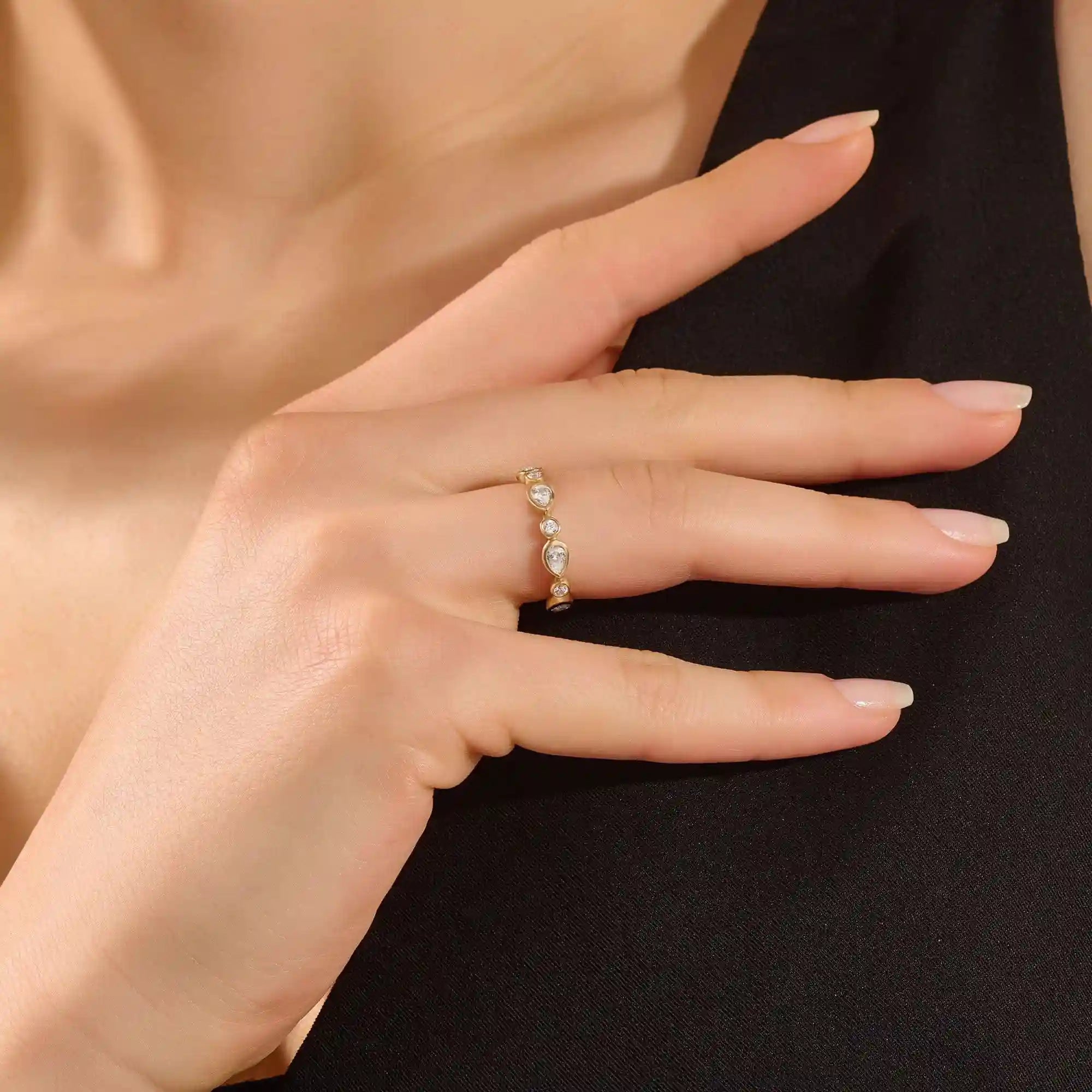 14k solid gold bezel pear round wedding ring for women