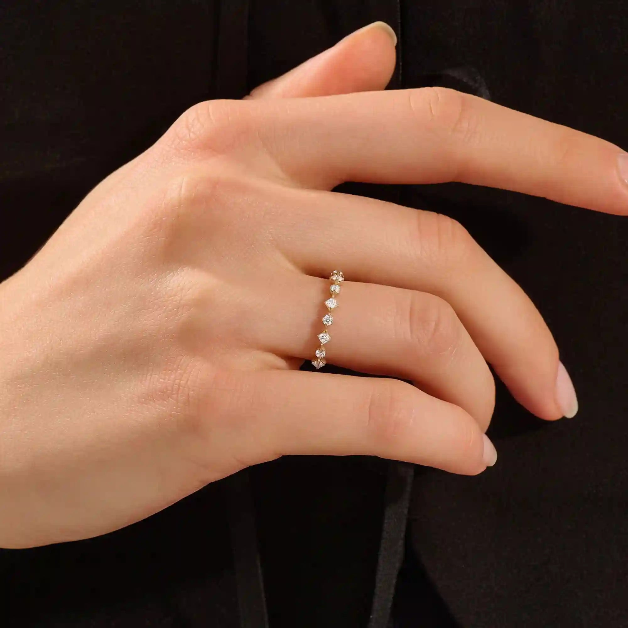 14k solid gold mixed cut princess and round moissanite stones wedding ring for women