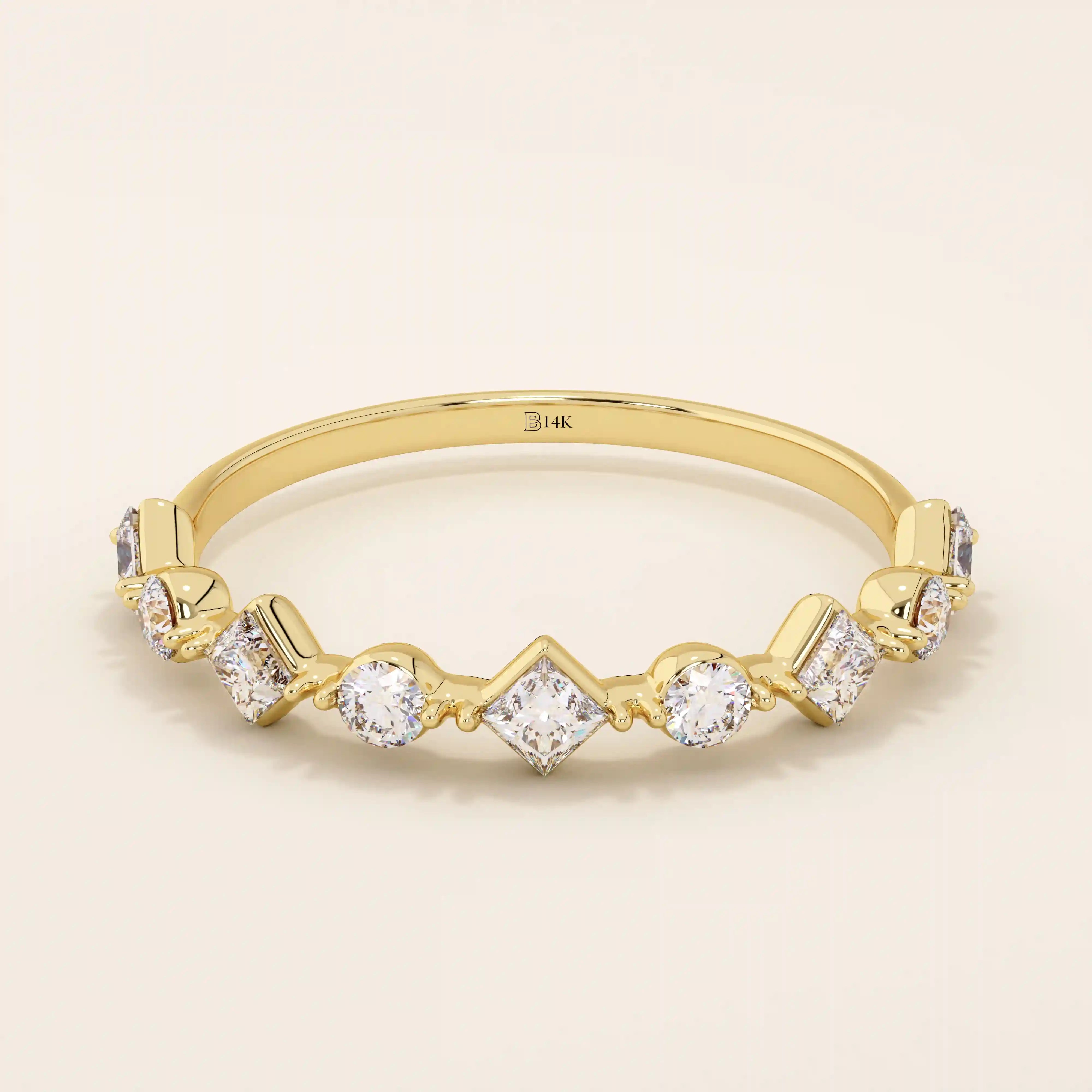 14k solid gold mixed cut princess and round moissanite stones wedding ring for women